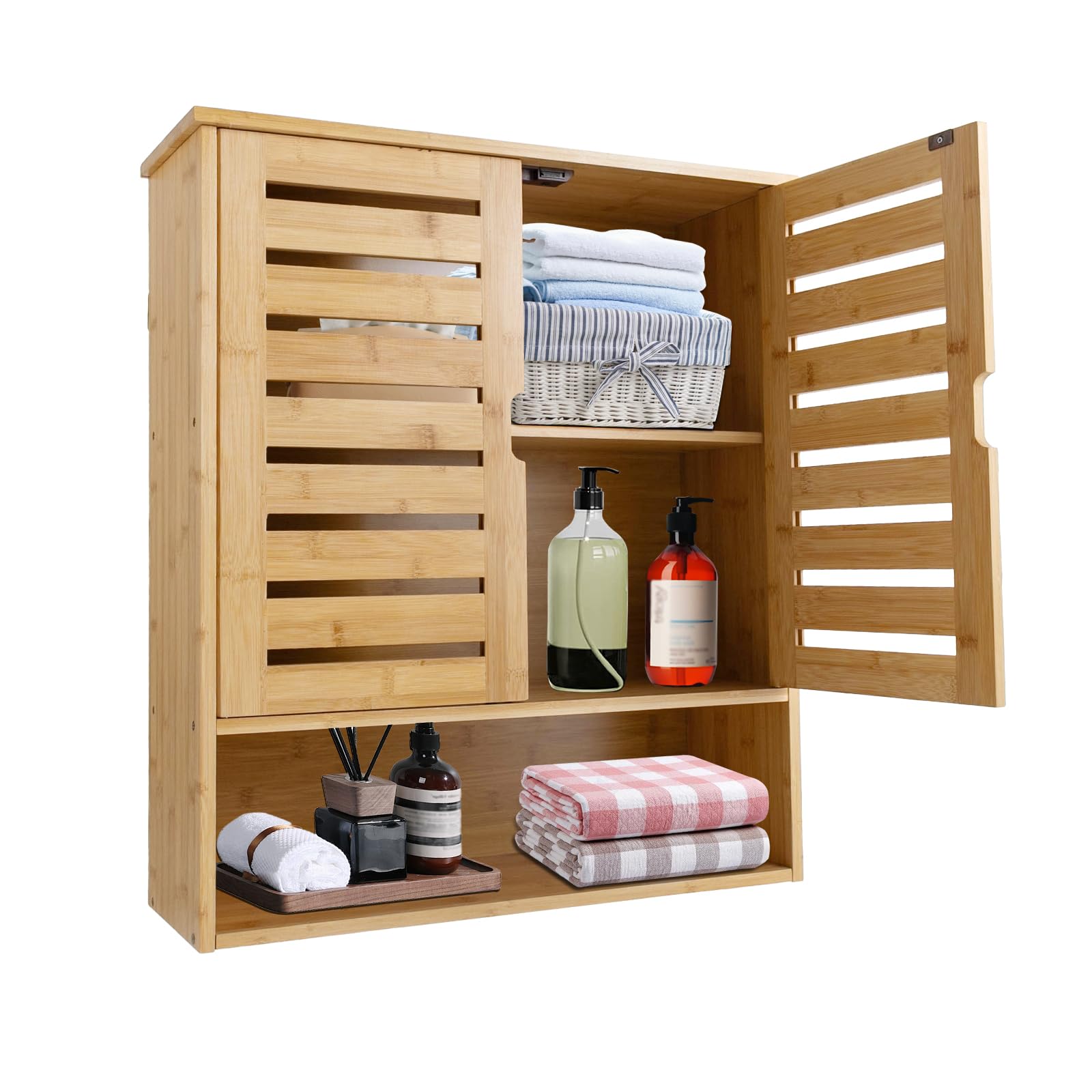 Armadietto da Bagno a Parete, Pensili in bambù per Bagno, Armadietto per medicinali Pensile sopra il WC Organizzatore Salvaspazio Armadietto da Bagno a Parete