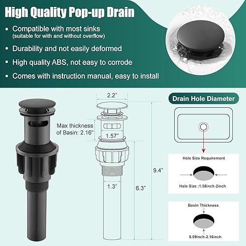 Miniatura 8 de Grifo de lavabo alto para lavabo, grifo de baño de una sola manija, boquilla alta de 1 orificio con material de latón de drenaje, ajustable de 360