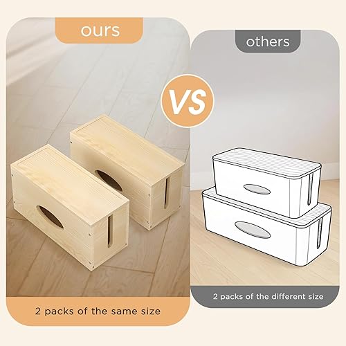 Miniatura 8 de Paquete de 2 cajas grandes de madera de pino, organizador de cables, cubierta organizadora de cables, ocultadores de salida de piso para cables de