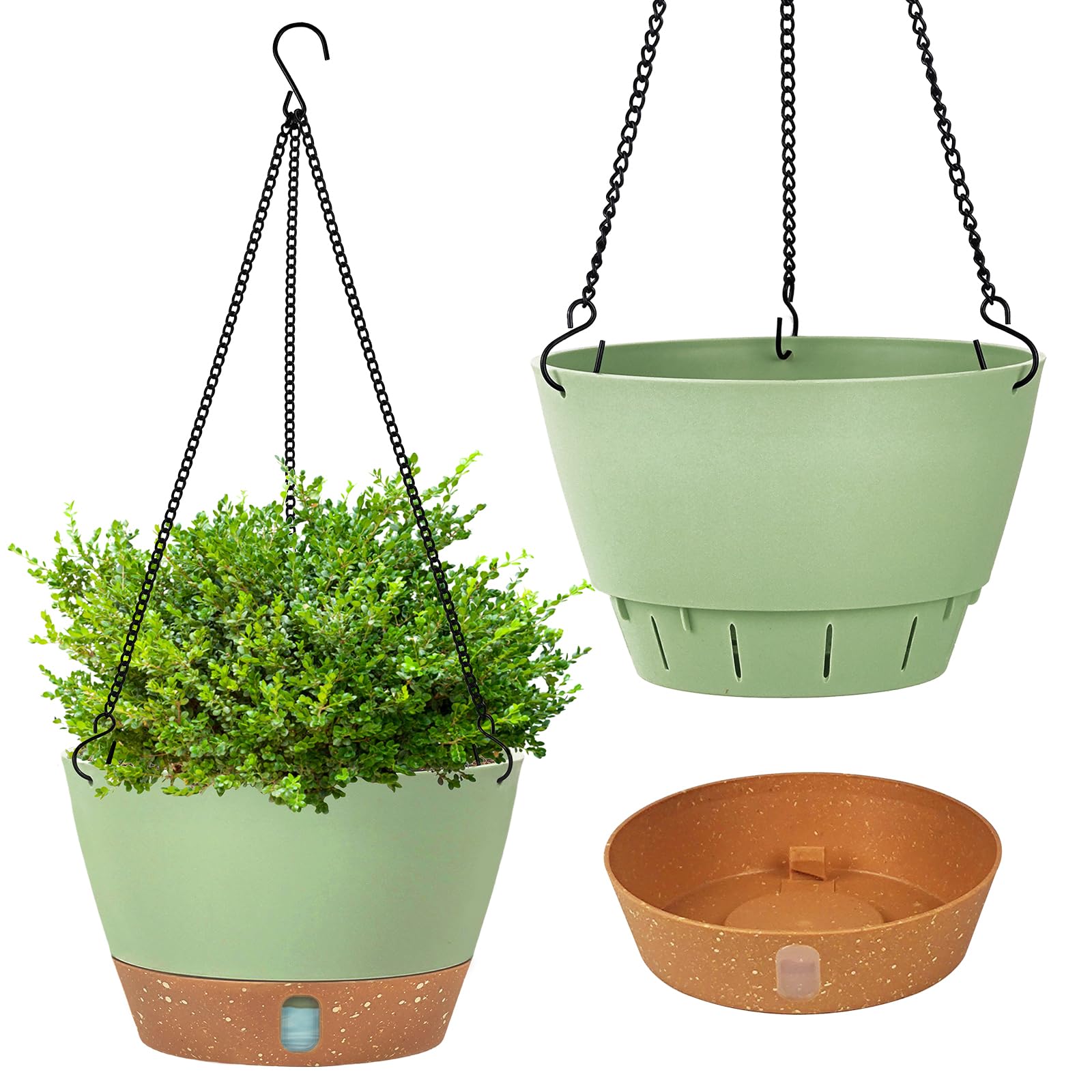 Evoio 2 Pack Hanging Plant Pot, 25CM Self Watering Flower Pots Hanging Plant Basket for Plants Flowers with Visible Water Level Tray Drainage Holes Removable Tray for Indoor Outdoor Plants(Green)