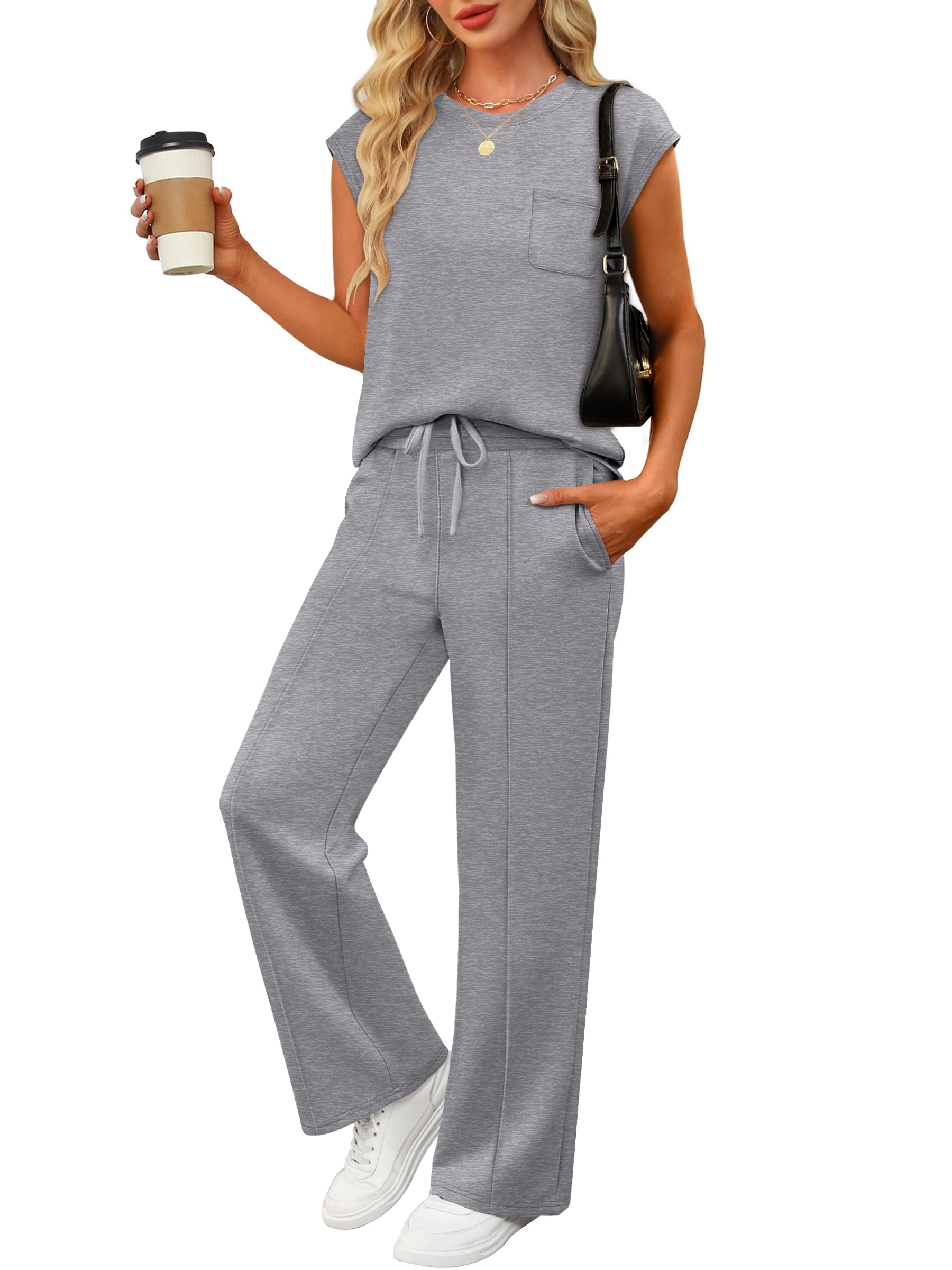 ANRABESS Two Piece Sets for Women 2026 Summer Travel Vacation Outfits Sleeveless Lounge Set Matching Wide Leg Pants Sweatsuit