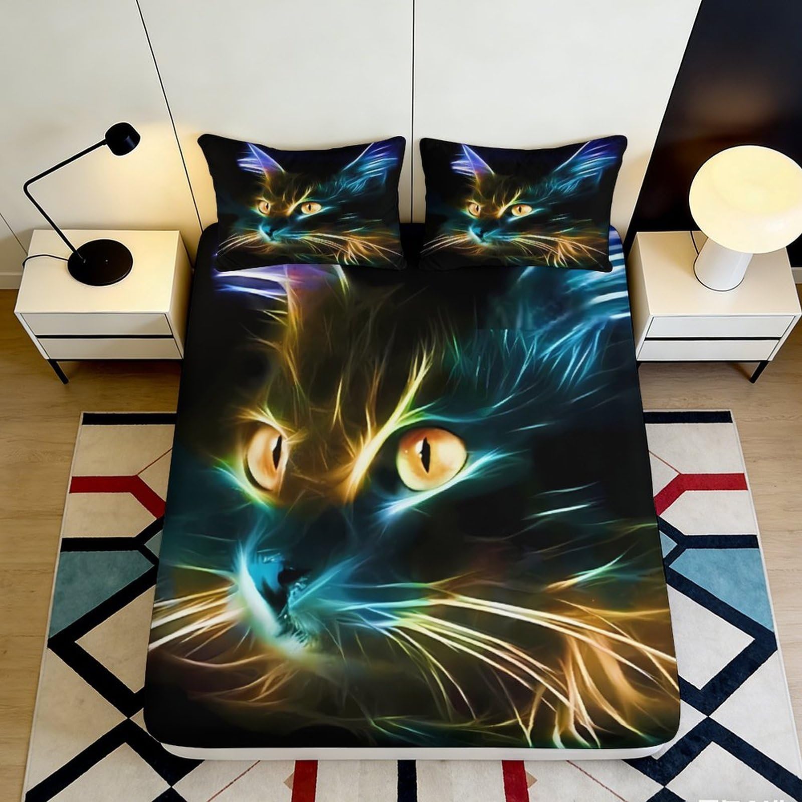 Pnayamiorkfel Style-10 3D Printed Neon Cat Fitted Sheet Microfiber Soft Slip-Resistant Artistic Glow Bed Cover For Bedroom Guest Room Decor 90X200x25cm