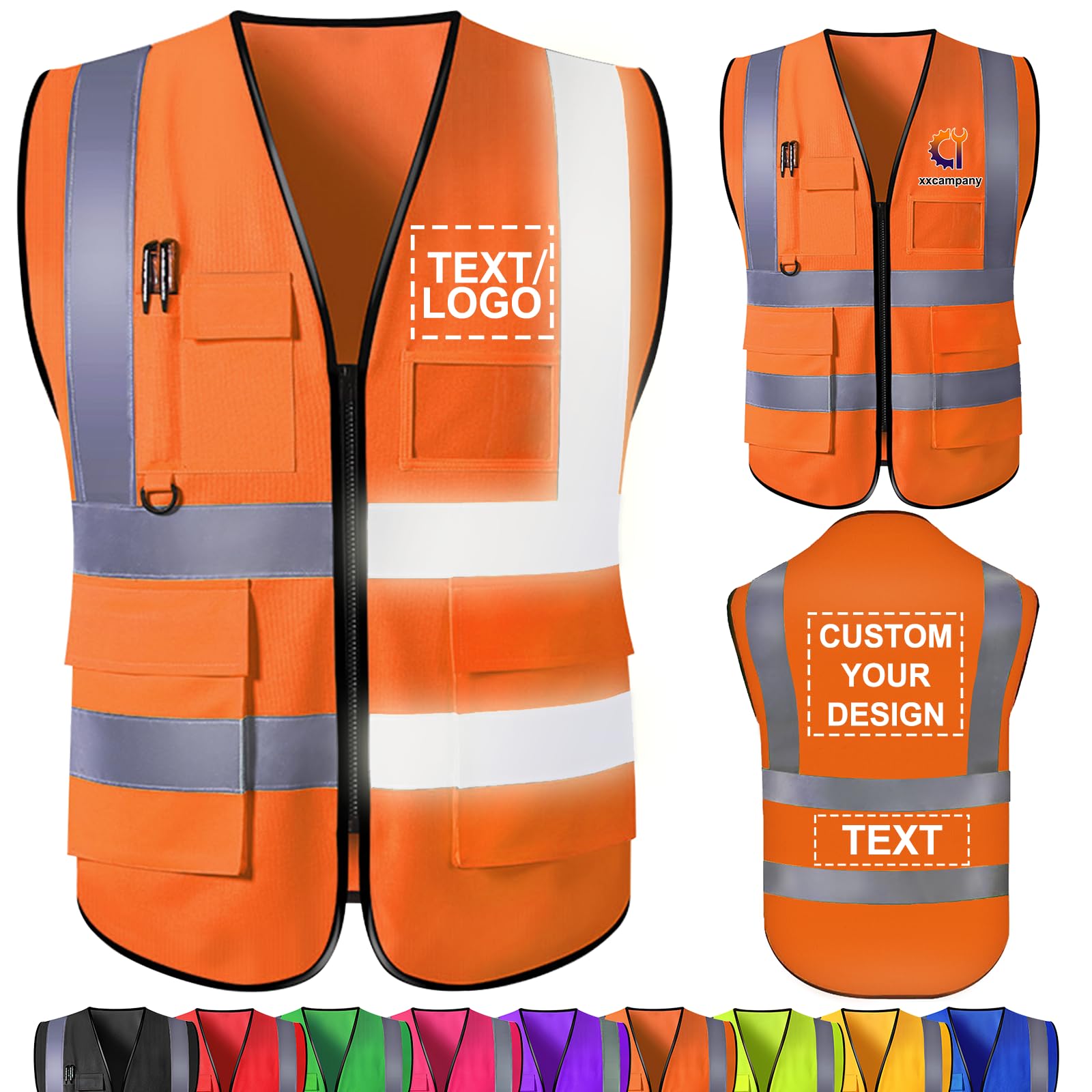 Custom Safety Vest Bulk with Logo/Text/Name Personalized High Visibility Reflective Vests with Pockets Zipper for Men Women