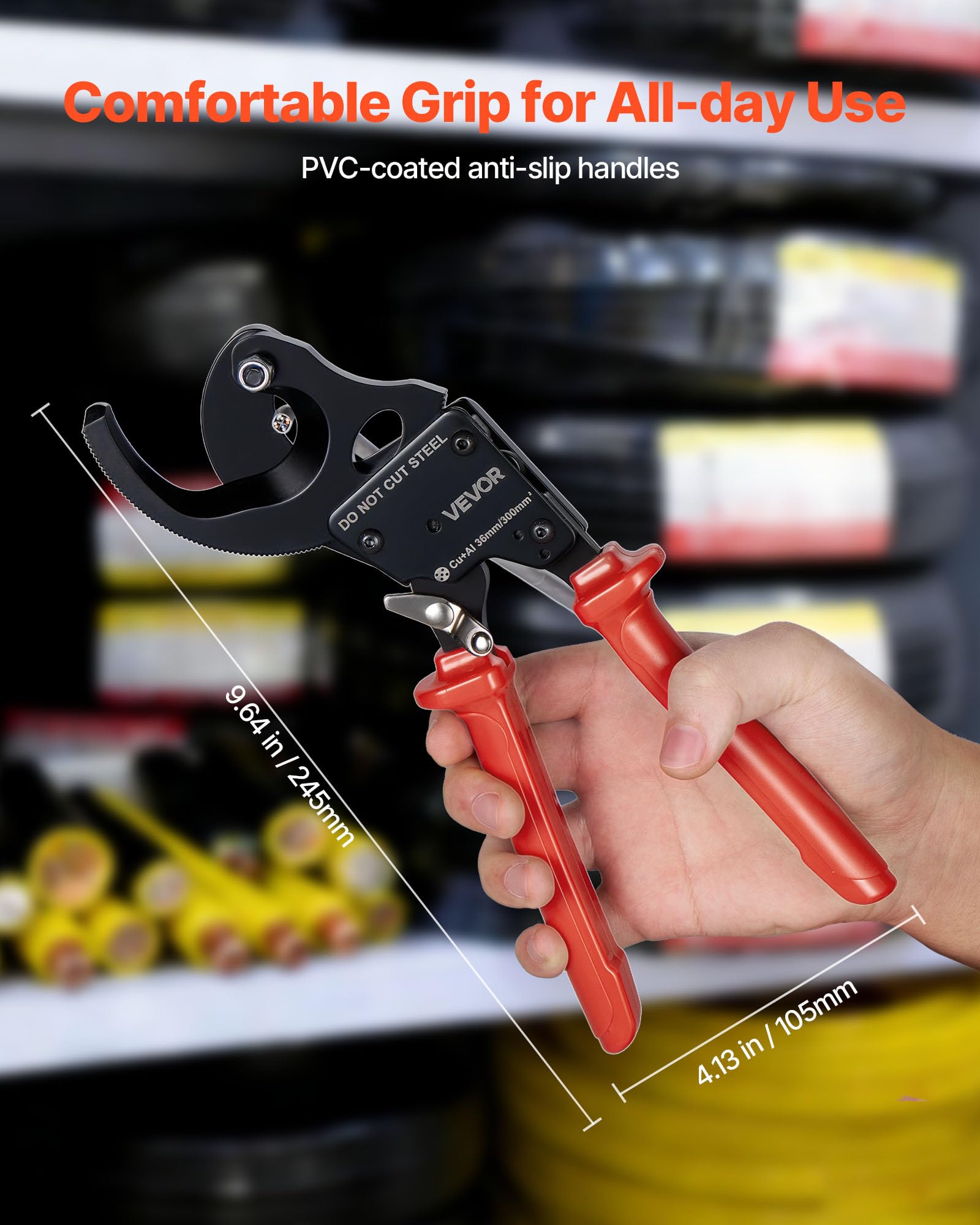 VEVOR Coupe Câble à Cliquet, Pince Coupe Câbles avec Lames en Acier à Ressort et Poignées Revêtues de PVC, pour Fils Cuivre-Aluminium jusqu'à 300 mm² 600 MCM, avec Bouton à Dégagement Rapide
