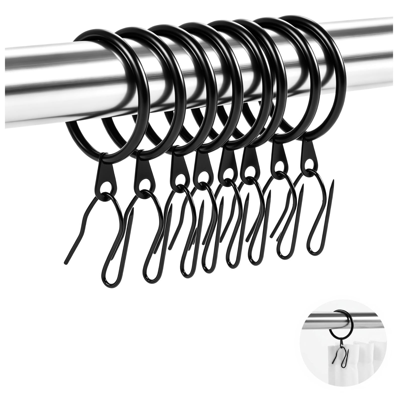 60 STK Gardinenringe mit Haken, Metall Vorhangringe mit Steckhaken Set, 1,18 Zoll Innendurchmesser Aufhängeringe für Fenster, Tür und Duschvorhangstange, schwarz