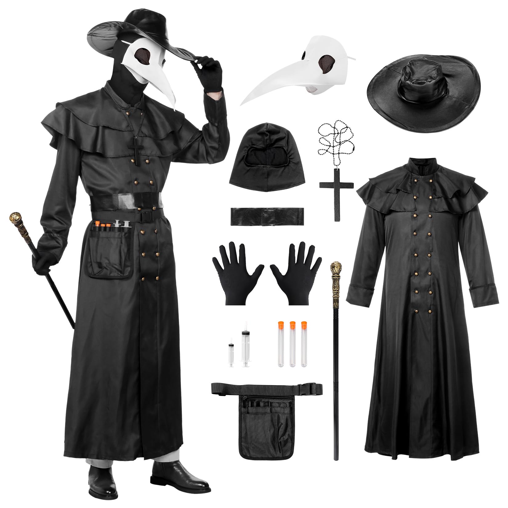 Disfraz Medico de la Peste, Disfraz medieval steampunk de médico de la peste negra para hombre, Set de Accesorios Para Carnaval Halloween