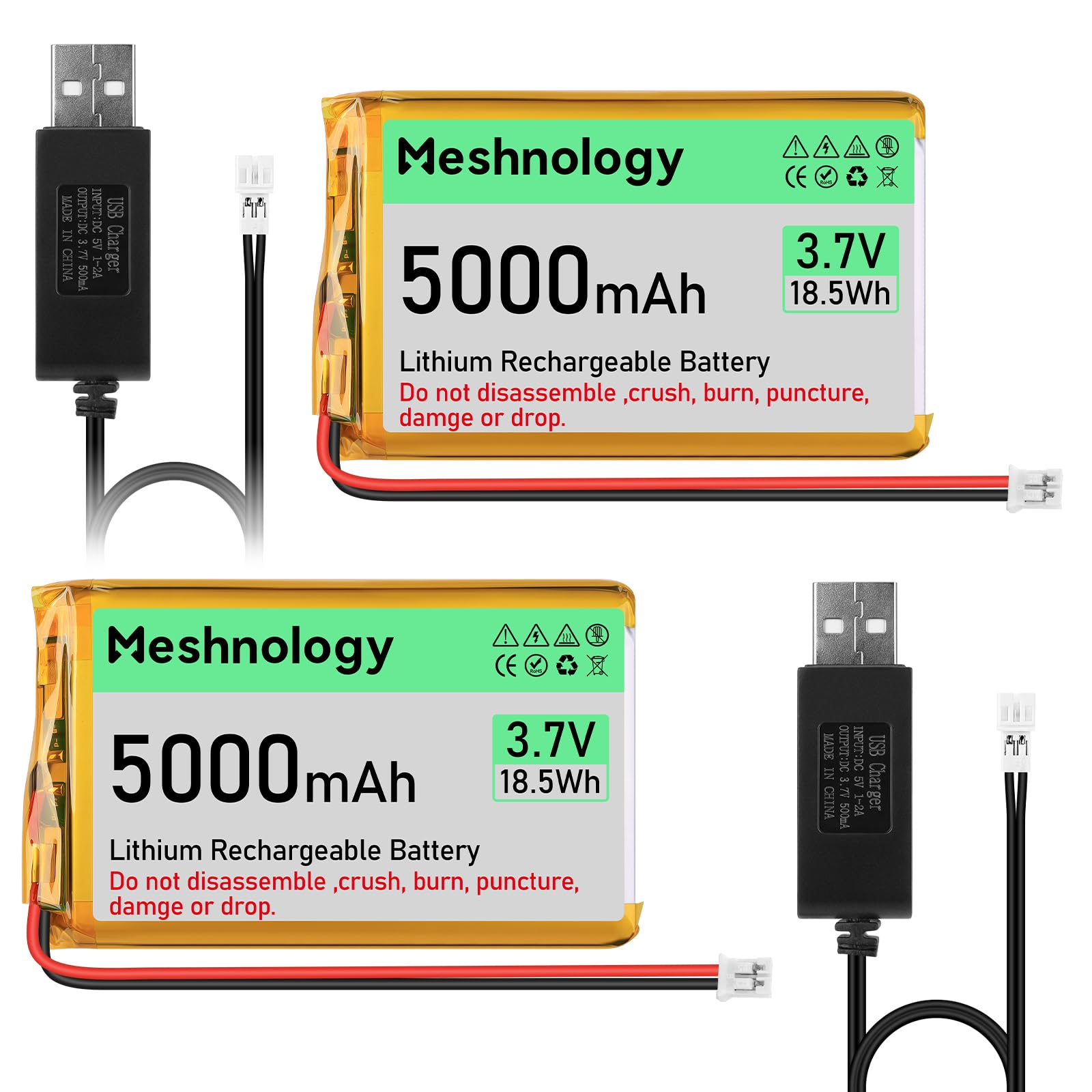 2 PZ 3.7V 5000mAh Li Batteria 105080 con PH 2.0 USB Cavo del Caricatore 1S LiPo Batteria con Bordo di Protezione Isolato Nastro di Gomma per Arduino ESP32 Scheda Modulo Drone RC Auto