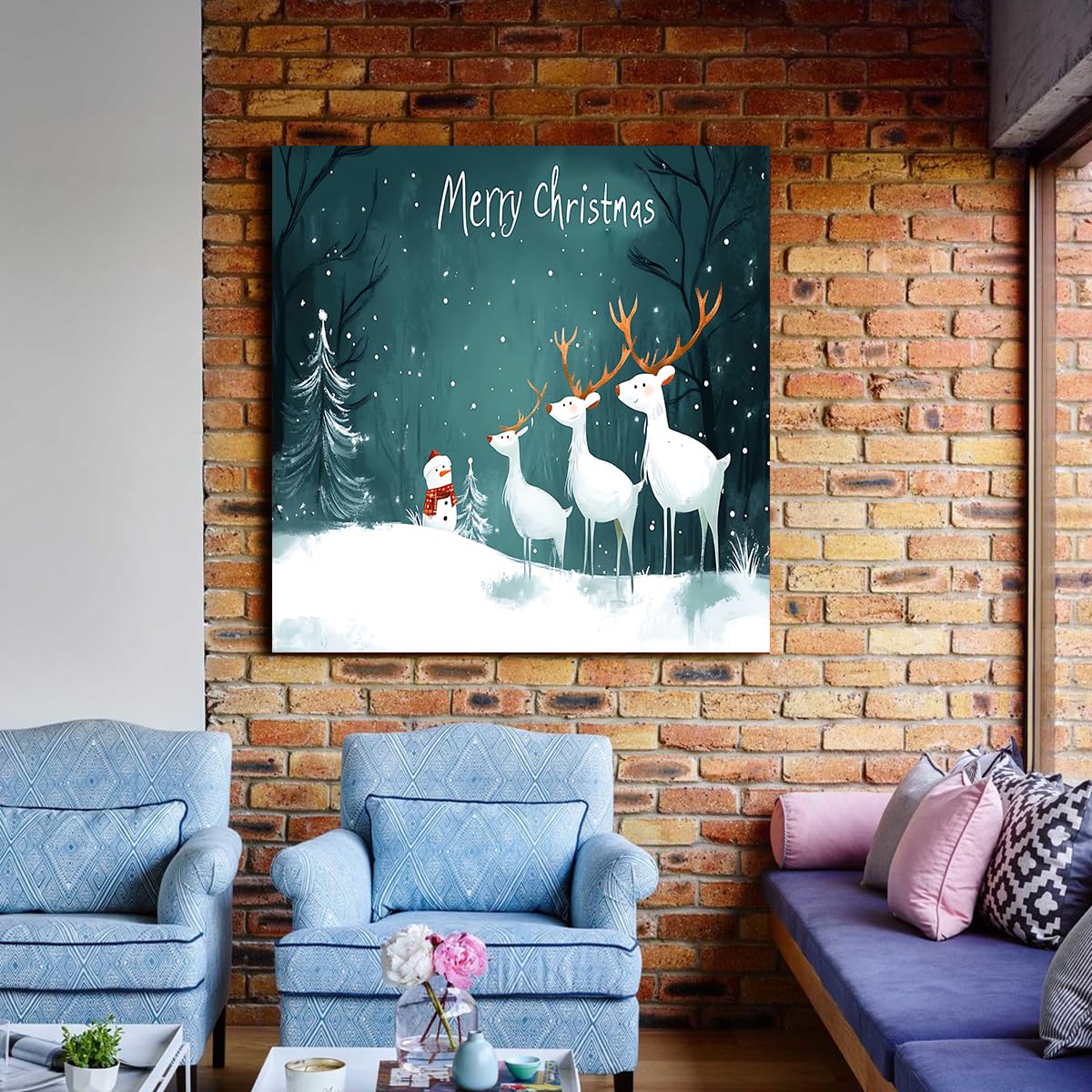 CHERHERART Śnieżny las zima wakacje zima obrazy na płótnie grafika renifer Boże Narodzenie sztuka ścienna plakaty do przedszkola biuro dekoracja 85 x 85 cm rama wewnętrzna