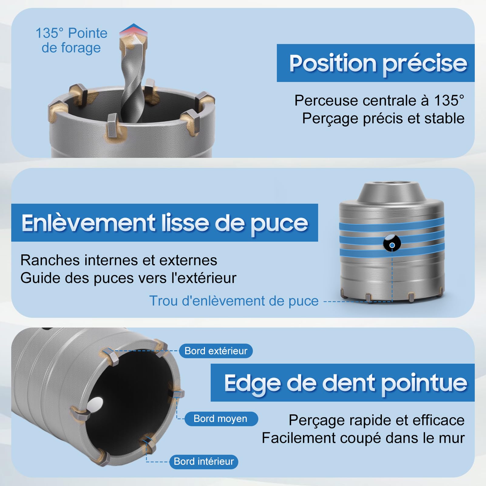 Scie Cloche Beton, Couronne de Forage 30 Mm, 40 Mm, 50 Mm, 68 Mm, Couronne Carotteuse Foret Tige 320 Mm Foret pour Maçonnerie Pierres Naturelles Grès Marbre, 7 Pièces