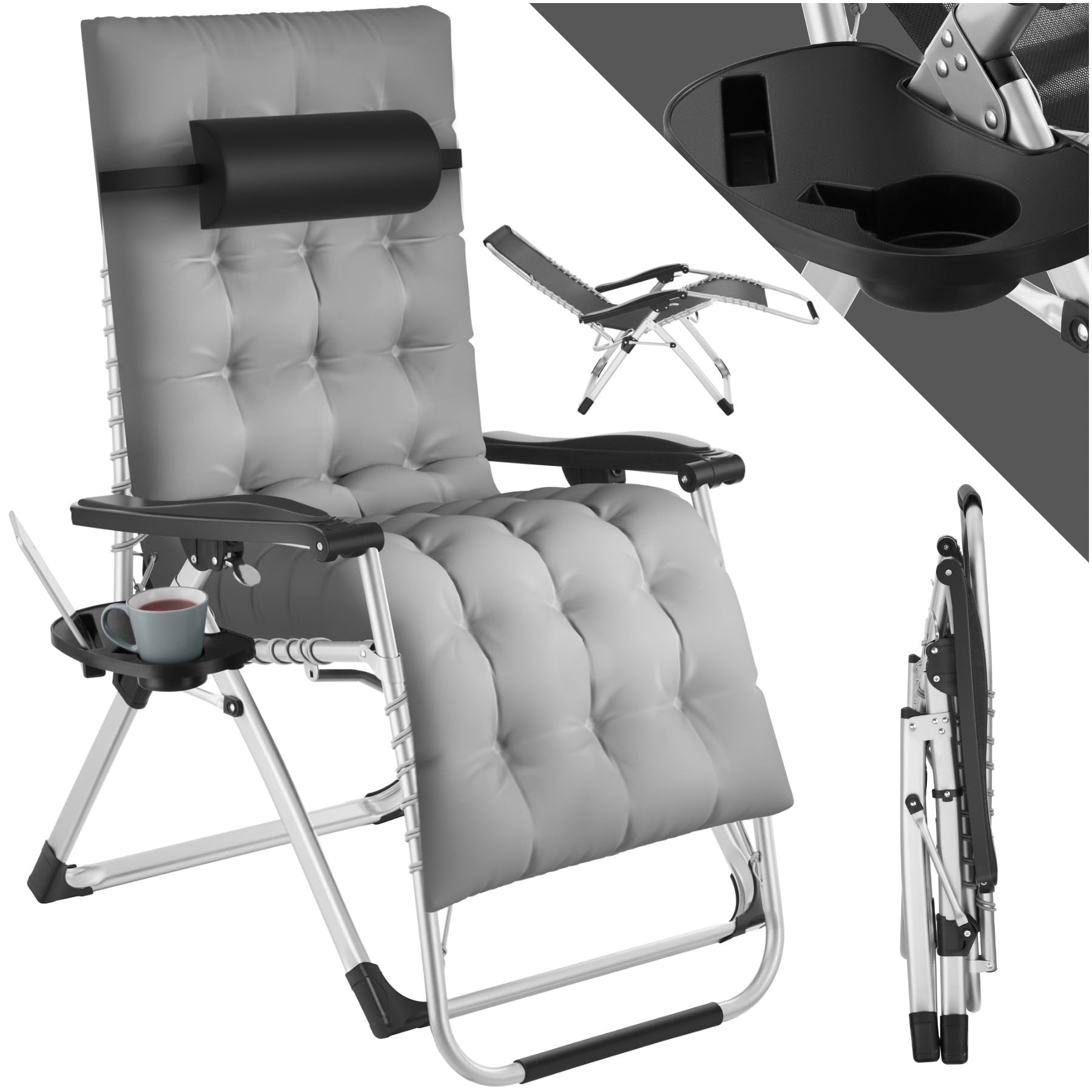 TecTake® Silla Tumbona Plegable para Playa y Jardín, Cojín Cabezal Extraíble, Estructura de Acero Durable, Mesa Auxiliar, Ideal como Silla Camping y Picnic, Silla Exterior Terraza - Gris Claro