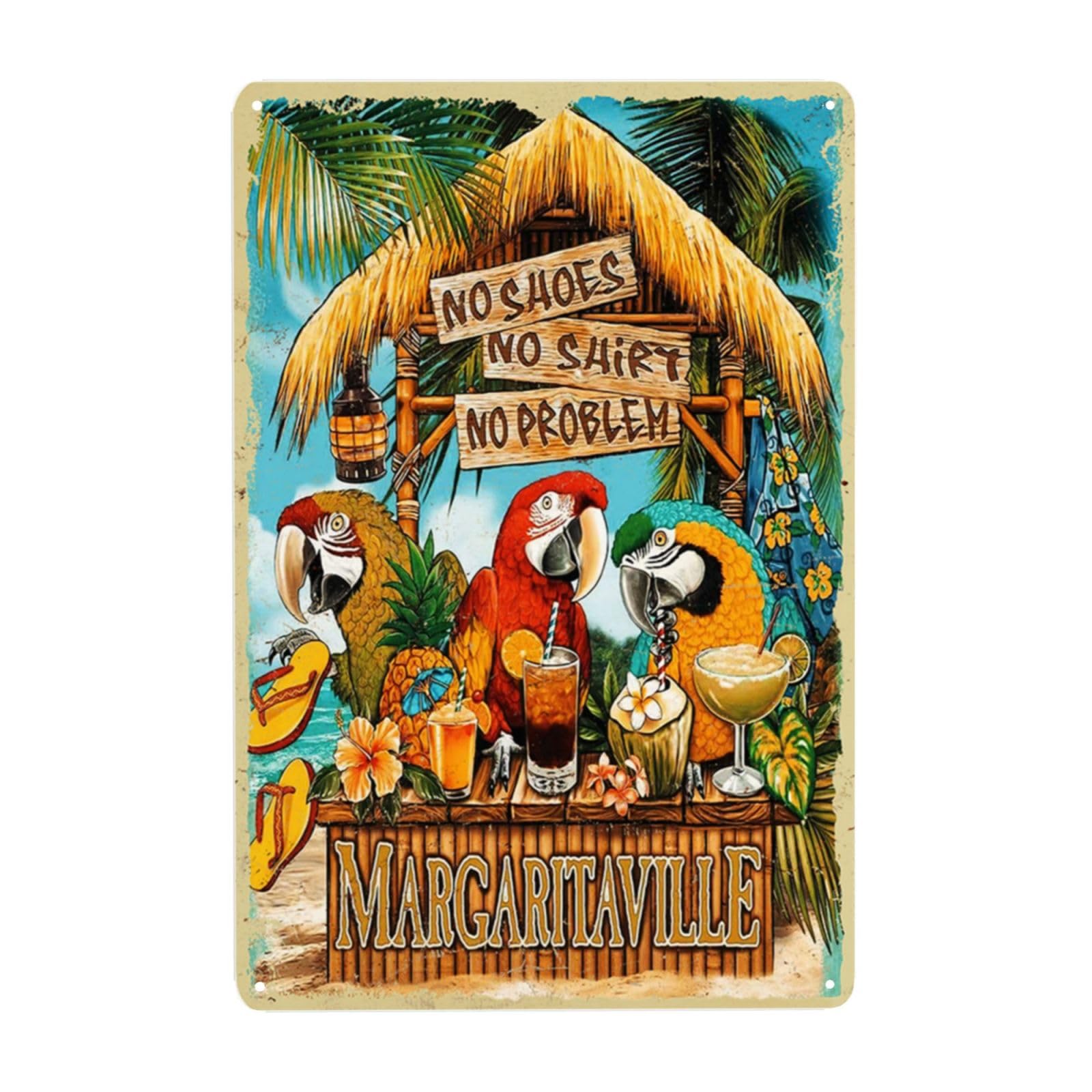 Vintage Metal Sign, No Shoes No Shirt No Problem Parrot Tin sign, Funny Decor Poster for Home Man Cave Bar Garden Garage Wall Plaque Iron Sign 20 x 30 cm