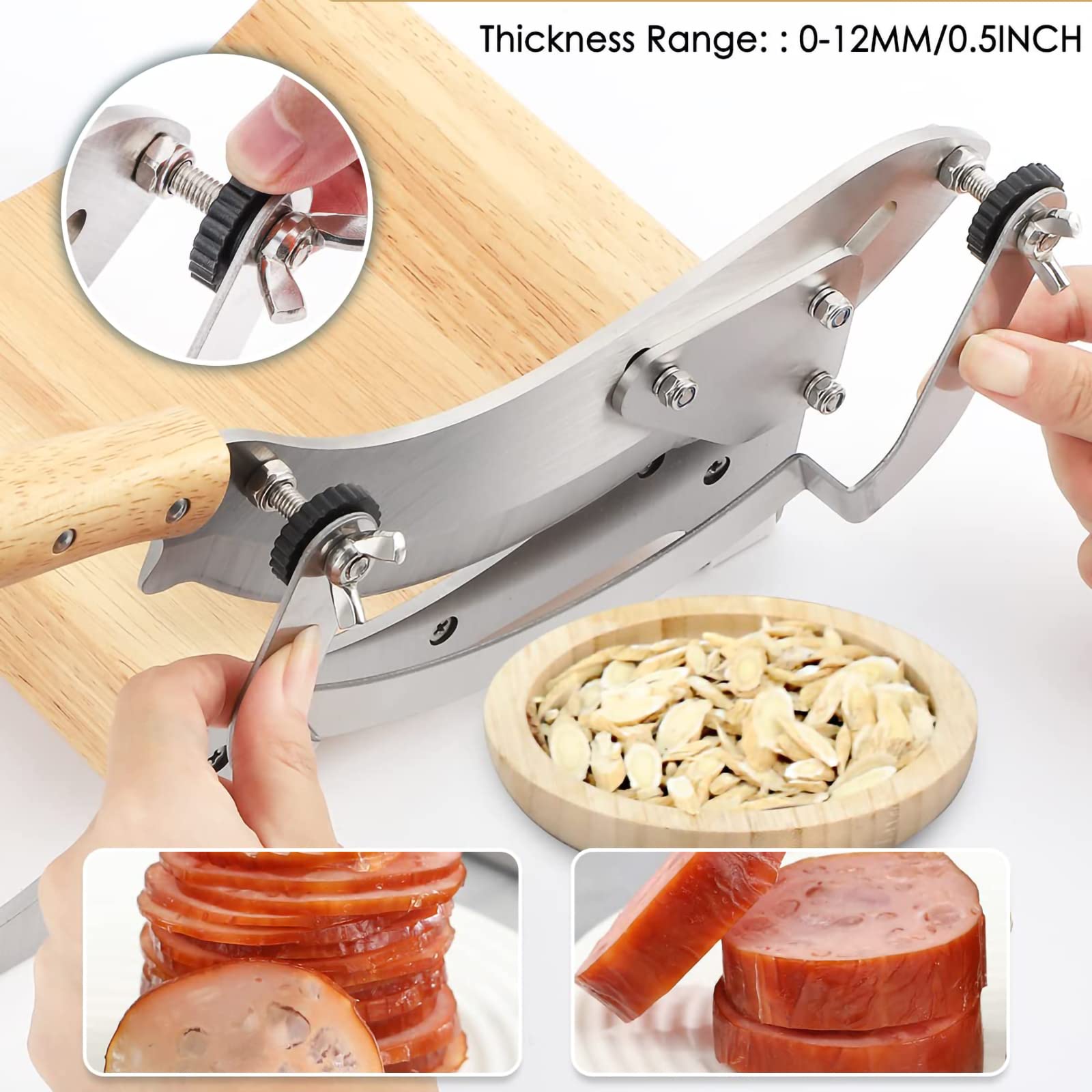 Piccola affettatrice domestica con vassoio in acciaio inox, coltello a ghigliottina tradizionale cinese per Astragalo e Ganoderma Lucidum, Affettatrice Biltong manuale radiata - Efficiente e preciso