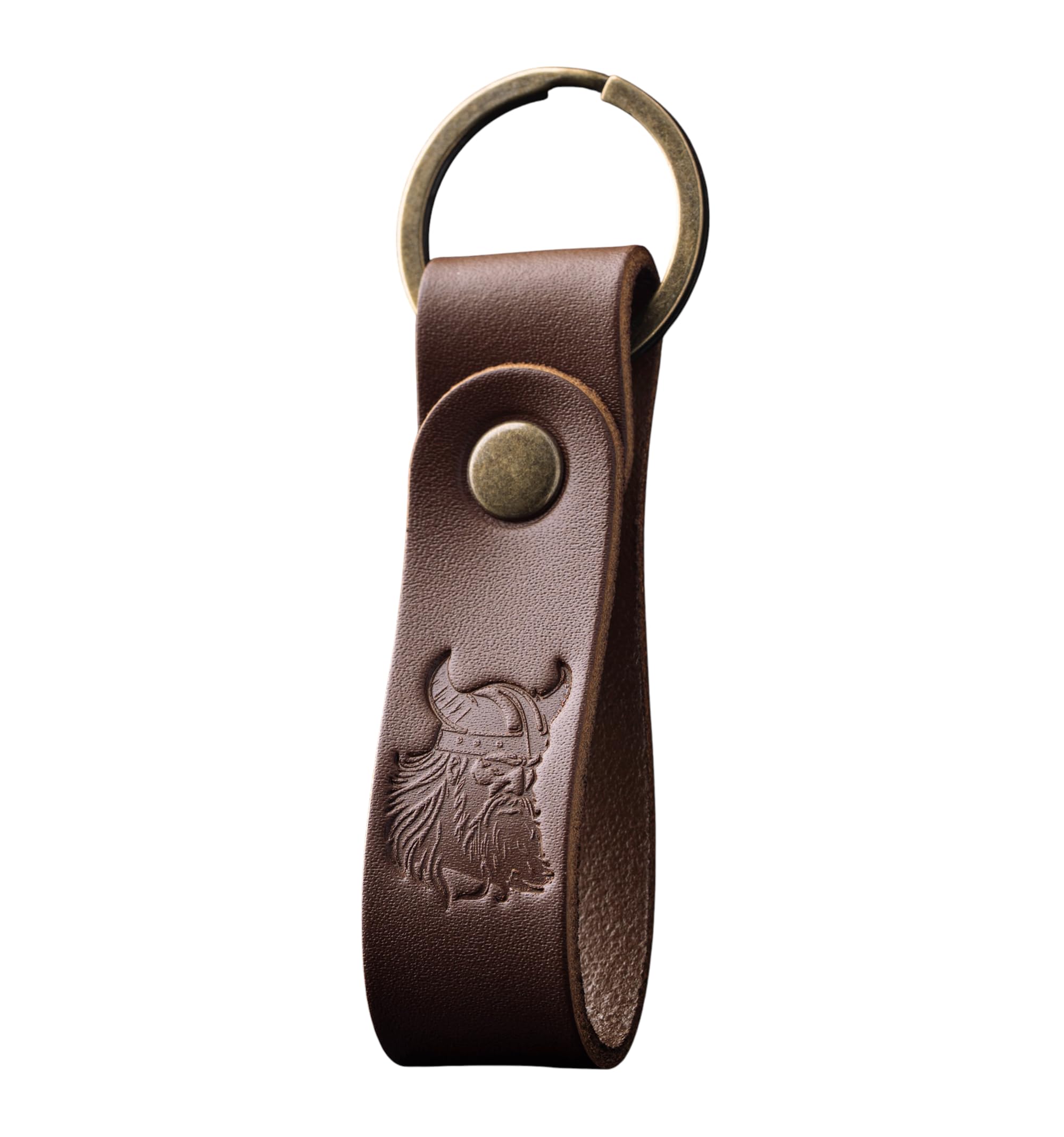 Full Grain Leather Keyring, Personalised Key Ring for Men & Women, Matte Brown Leather Keychain, Hot Embossed Design, Gift Box (Viking Warrior)