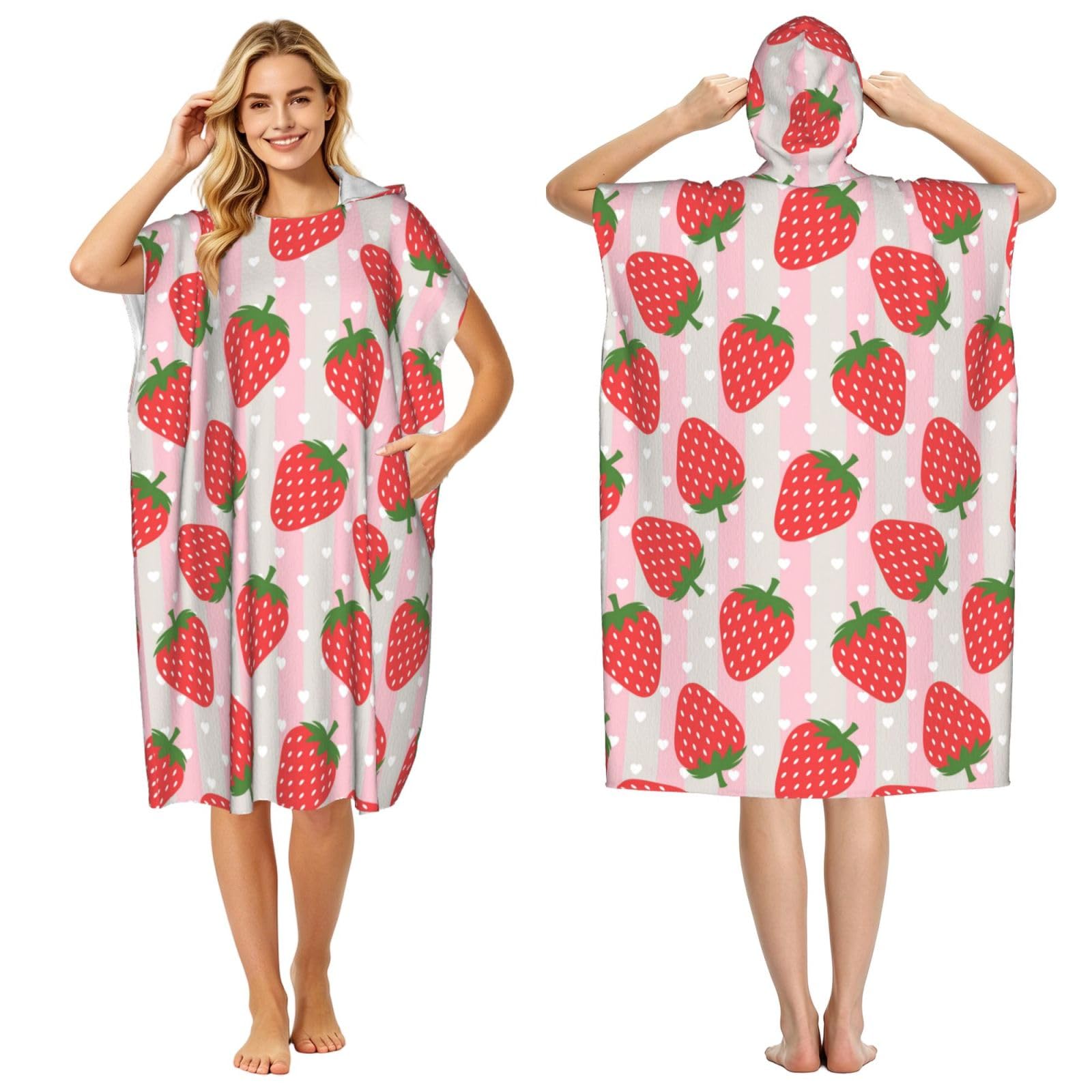Poadnly Strawberry, Adult Hooded Beach Towel 90 x 110 cm,Changing Bath Robe, Surf Poncho Towel For Women Men