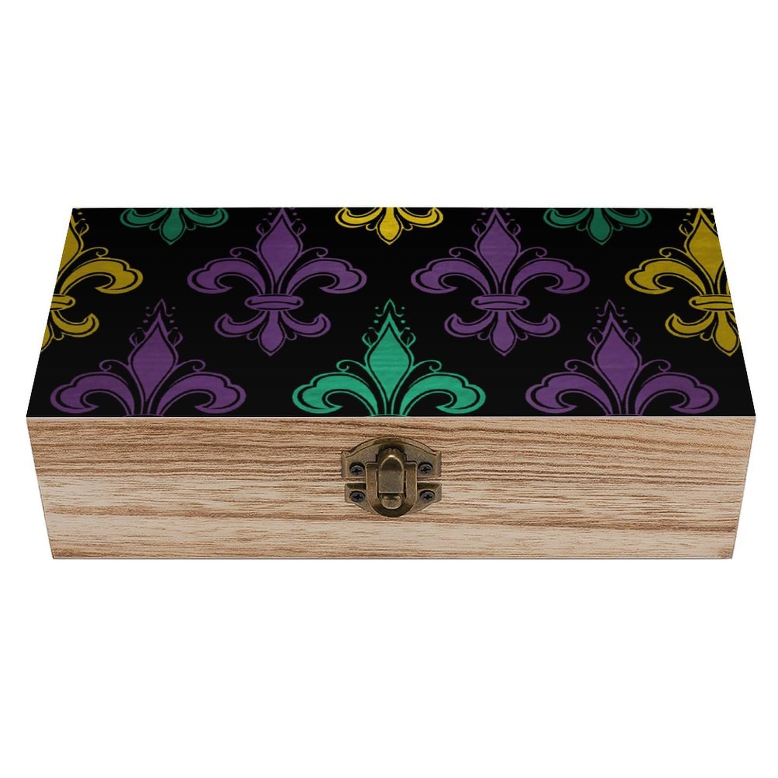 NWTRJ Wooden Storage Box with Hinged Lid And Front Clasp Large Keepsake Box 3D Fleur De Lis Mardi Gras Jewelry Box Wooden Storage Bins Office Desk Organizer