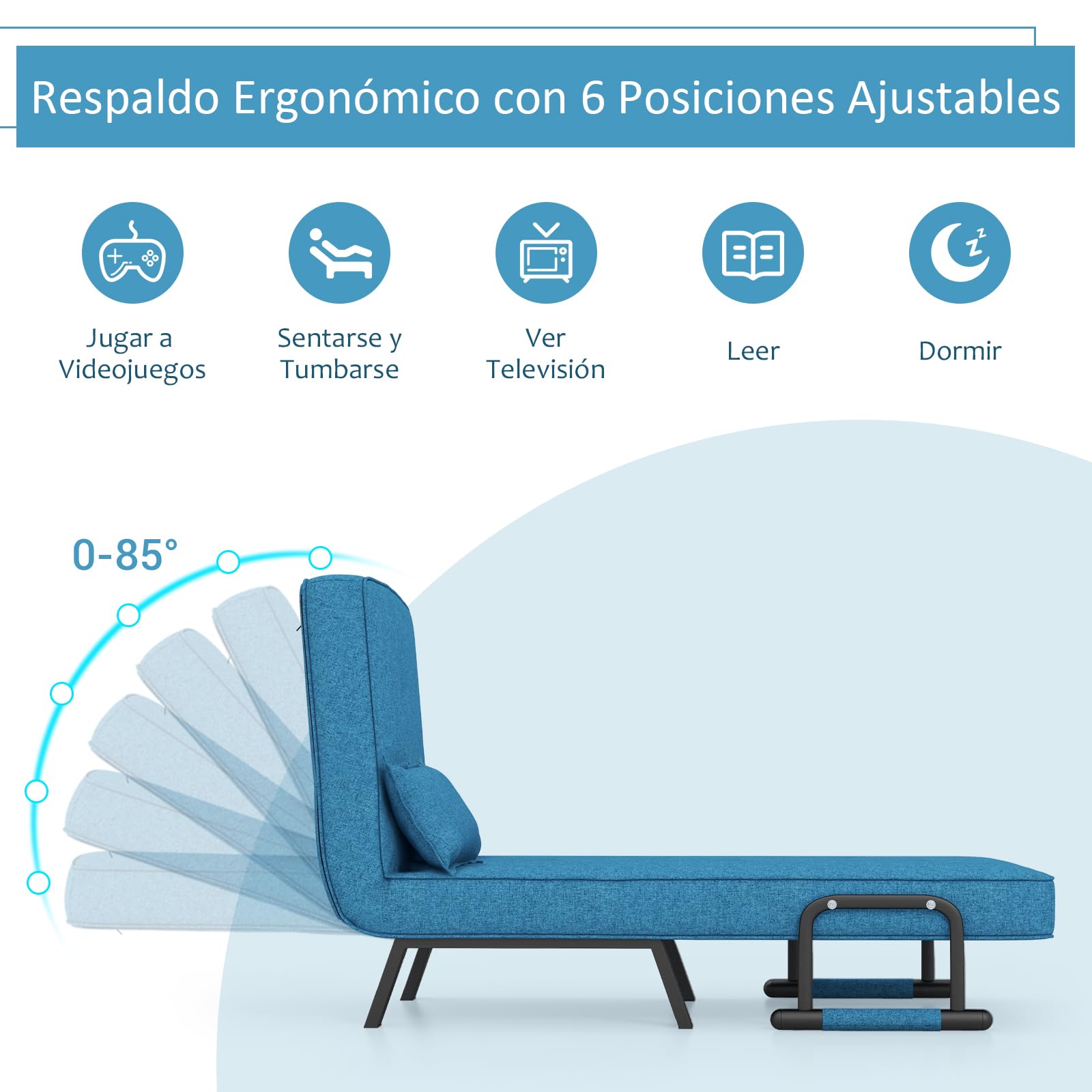 RELAX4LIFE 4 en 1 Sillón Relax Reclinable en 6 Posiciones 0-85°, Sofá Cama Plegable con Patas Ocultas y Cojín, Sillón Cama de 1 Plaza para Salón, Dormitorio y Oficina, Carga 150kg (Azul), LZ54951DE