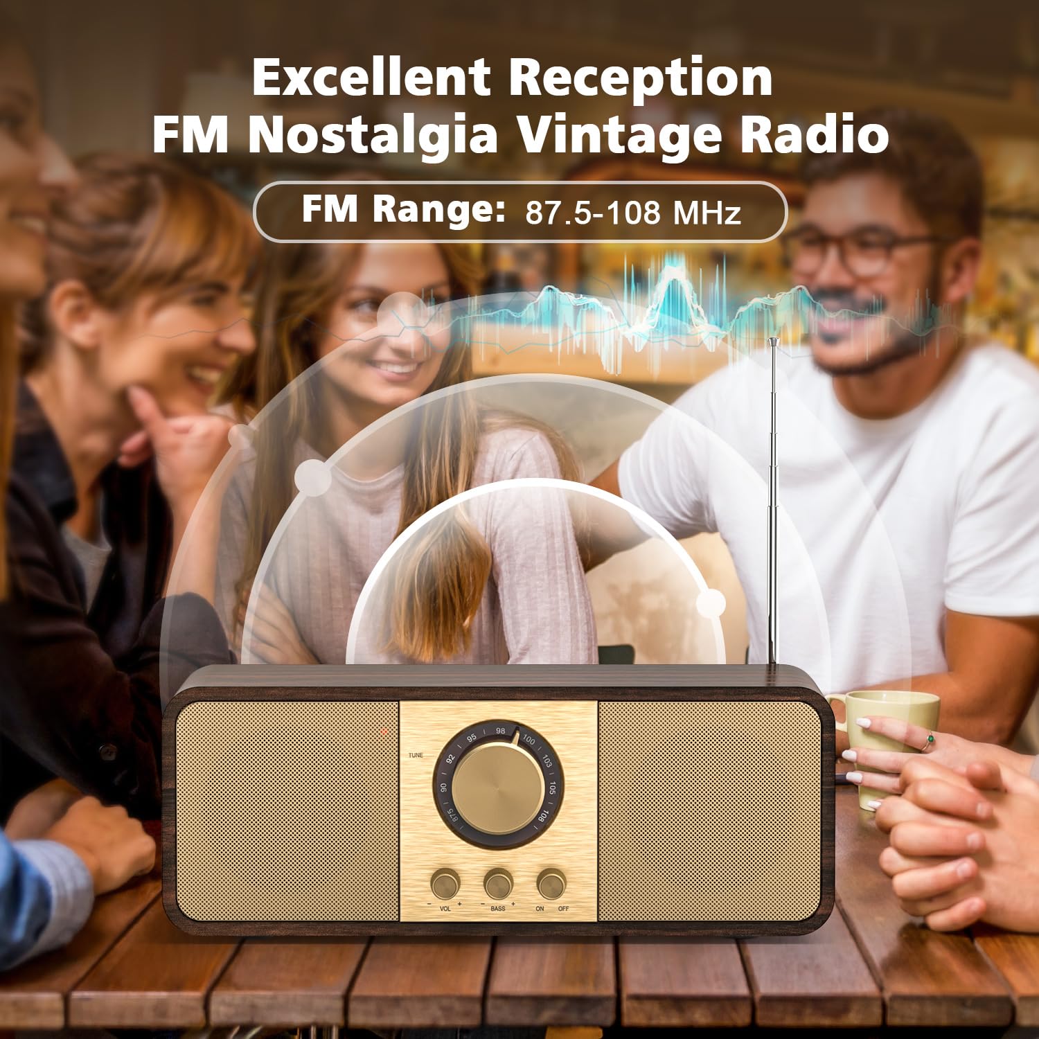 Radio Nostalgia, Radios Retro z Bluetooth i kartą TF, Zasilane Baterią 3000 mAH, z głośnikami Niskotonowymi 2 x 8 W, Radios Retro z AUX/USB, Radio do Kuchni/Sypialni/Biura