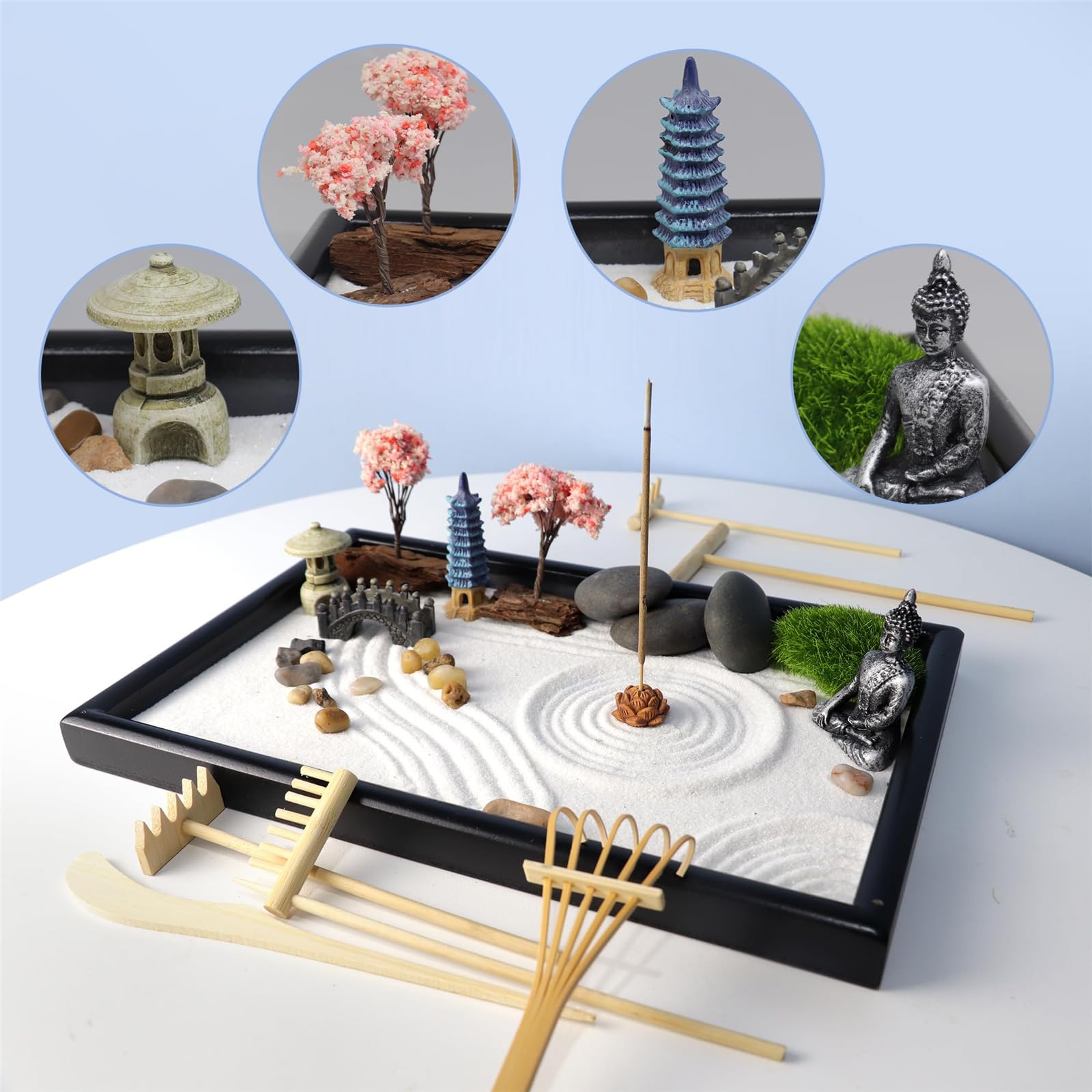 Limtula Scatola per arte della sabbia da giardino da tavolo in miniatura con set accessori per meditazioni consapevoli e set antistress quotidiano
