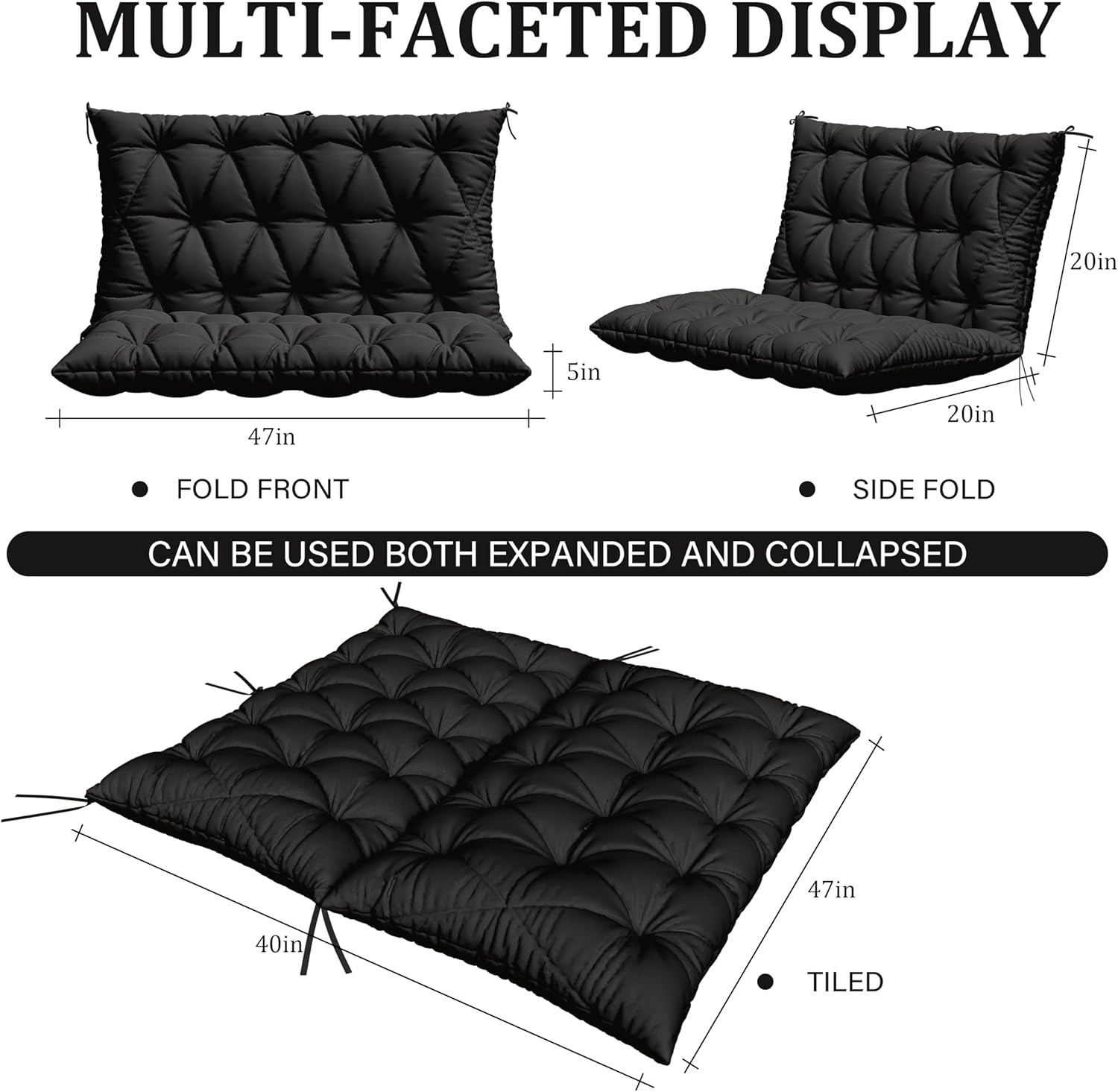 porch swing cushion with backrest,waterproof bench cushion for outdoor furniture,2-3 seater replacement thickened 5 in swing cushion,with ties,patio,outdoor,backyard and garden (black,47x40 in) 47''×40''×5'' black
