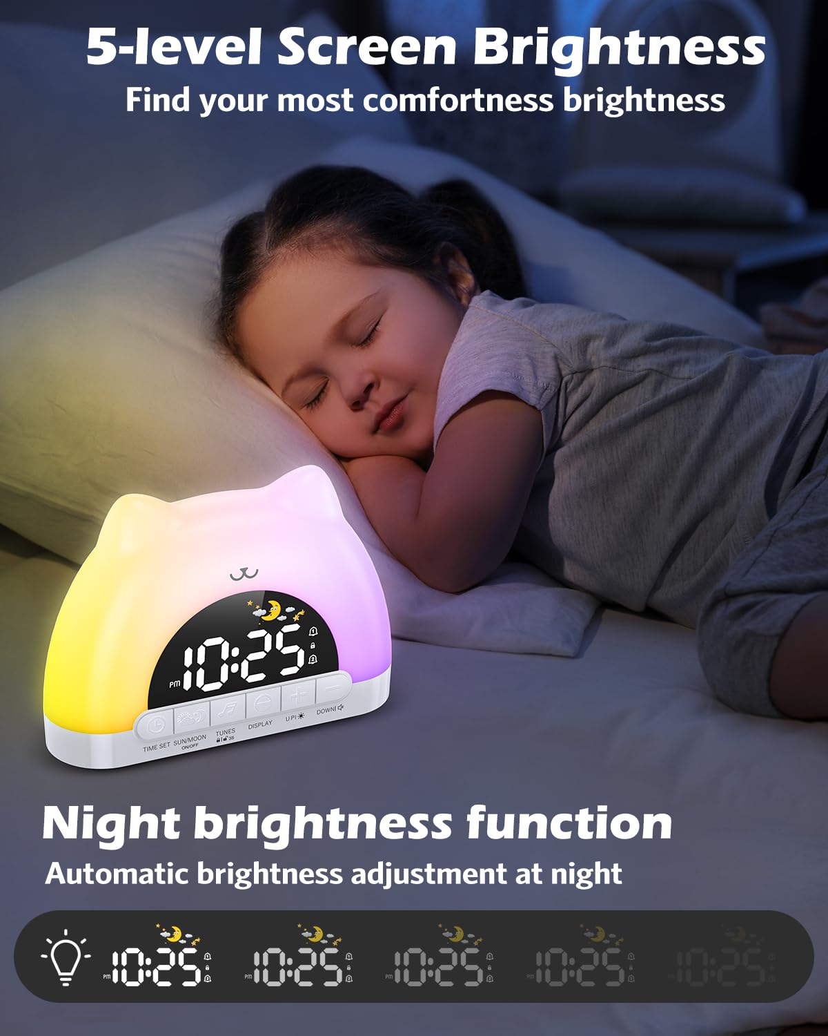 Reveil Enfant Educatif Jour Nuit, Reveil Lumineux avec Veilleuse 11 Couleurs RGB, Snooze, 2 Alarme, Réveil Numérique pour Enfants avec Lune et Soleil, Entraîneur de Sommeil Fille Garçon