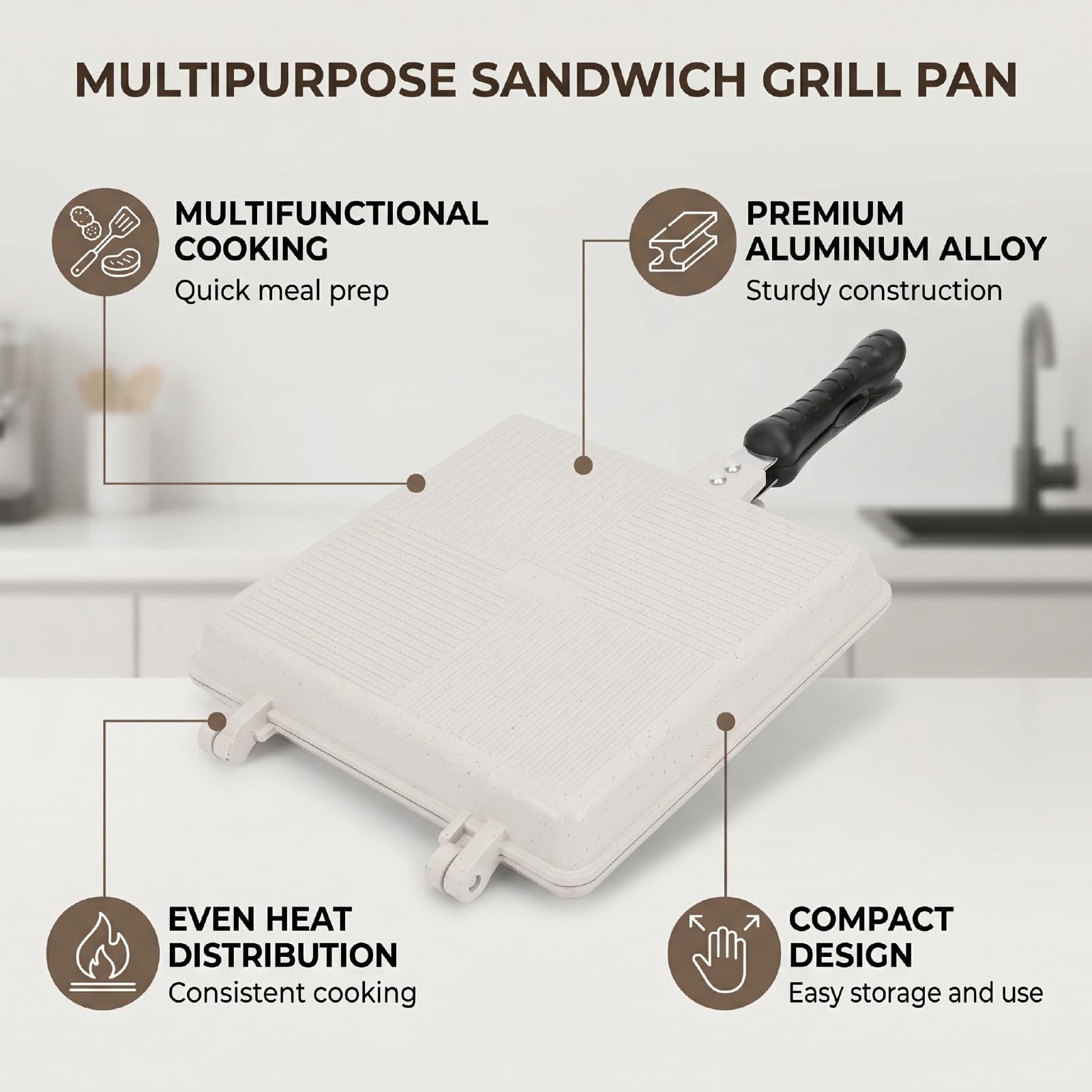 Sandwichera de Plancha para Fogón, 24x44cm Aluminio Fundido,
