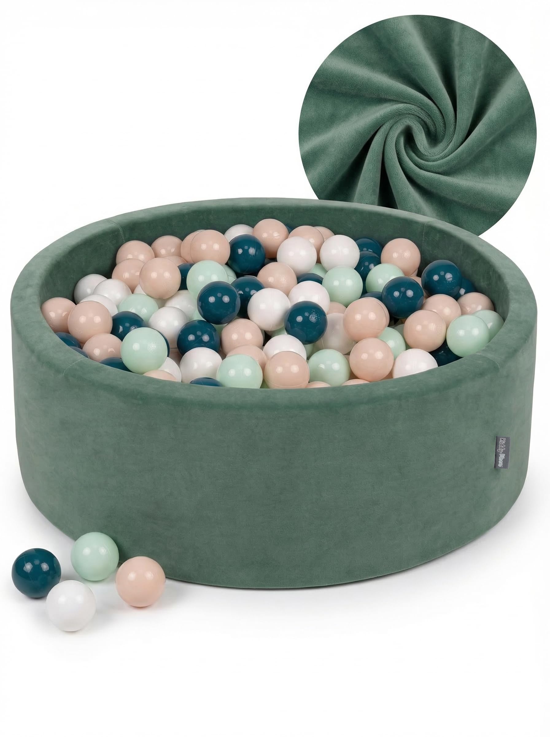KiddyMoon Soft Ball Pit Round 90X30cm/300 Balls ∅ 7Cm / 2.75In For Kids, Foam Velvet Ball Pool Baby Playballs, Made In EU, Forest Green:Dark Turquoise/Pastel Beige/White/Mint