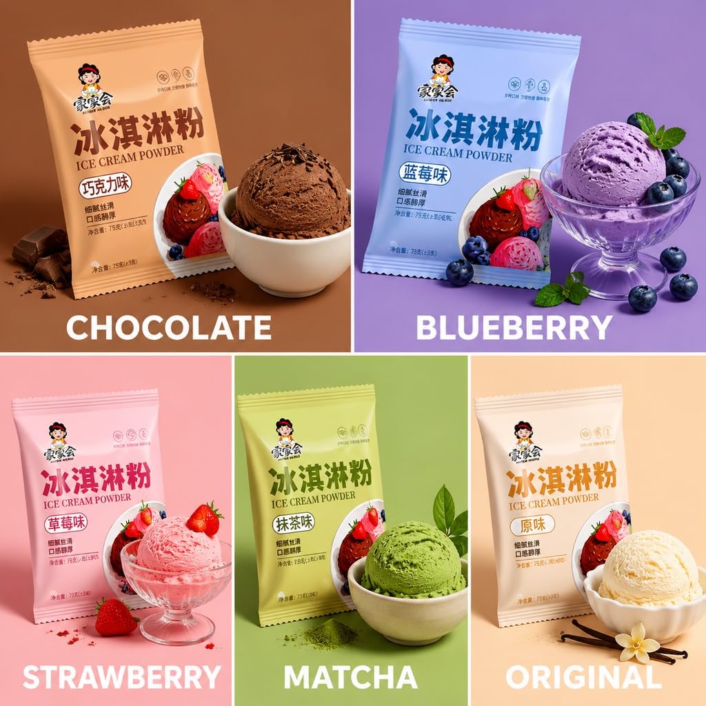 Helado En Polvo Casero - 5 Sabores (40 G X Paquetes) | Bricolaje Fácil | Suave Y Cremoso | No Se Necesita Máquina For Hacer Helados