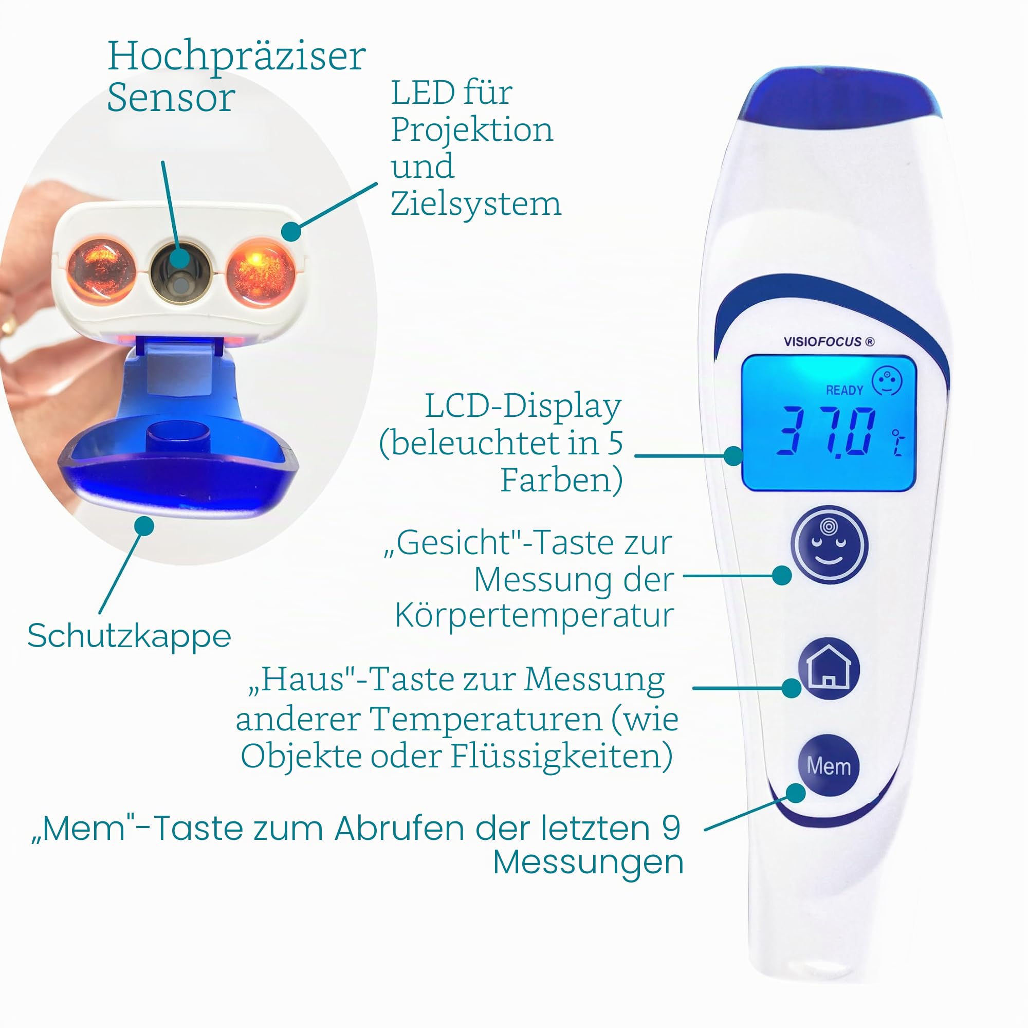 TECNIMED - VisioFocus 06400 - Medizinisches Infrarot-Thermometer zur Messung der Temperatur - Projiziert die Temperatur - Für Kinder und Erwachsene - Batterien nicht im Lieferumfang enthalten - Made
