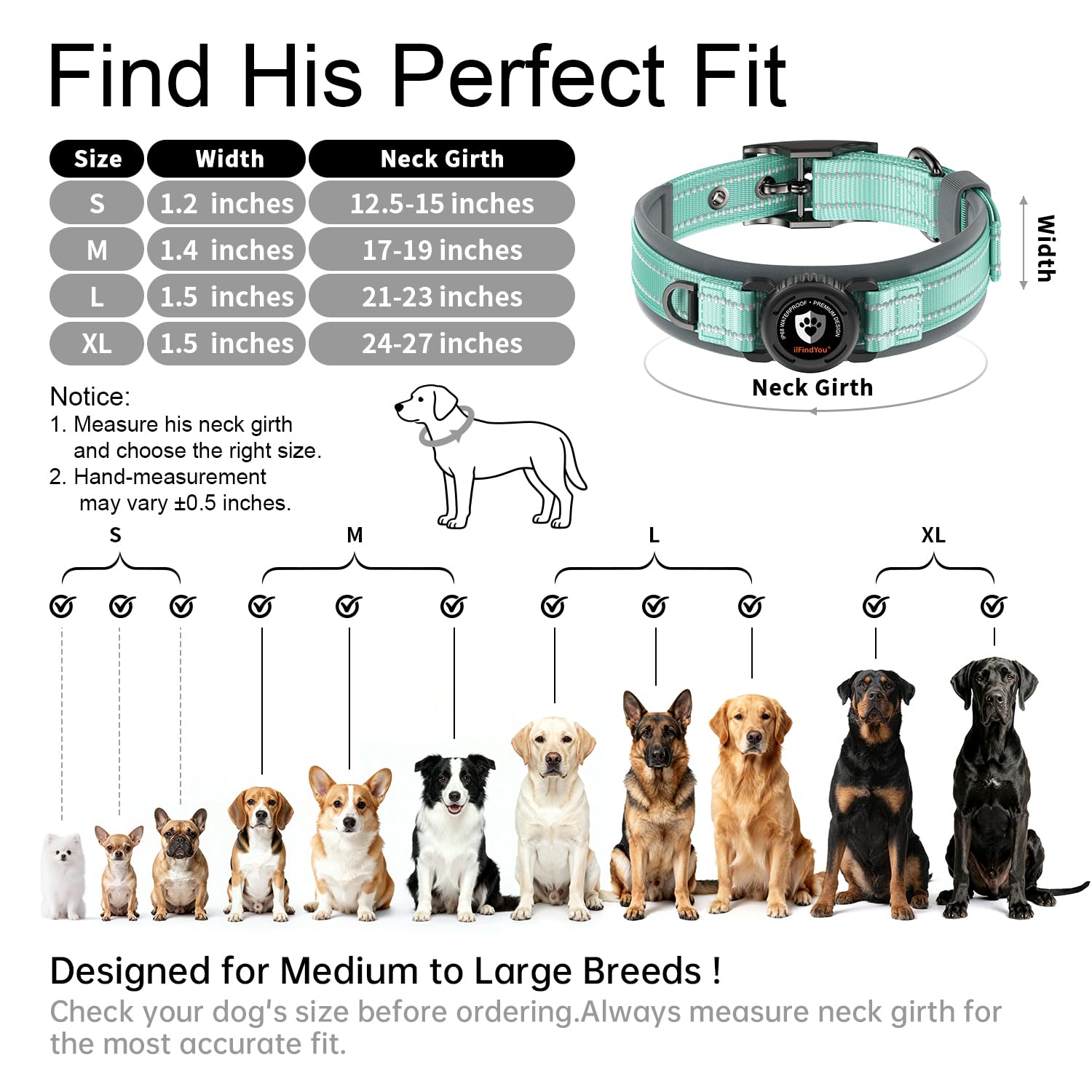Collare per cani AirTag aggiornato con supporto, impermeabile e riflettente, collare per cani con imbottitura comoda allargata e fibbia in metallo ultra resistente, regolabile per cani di