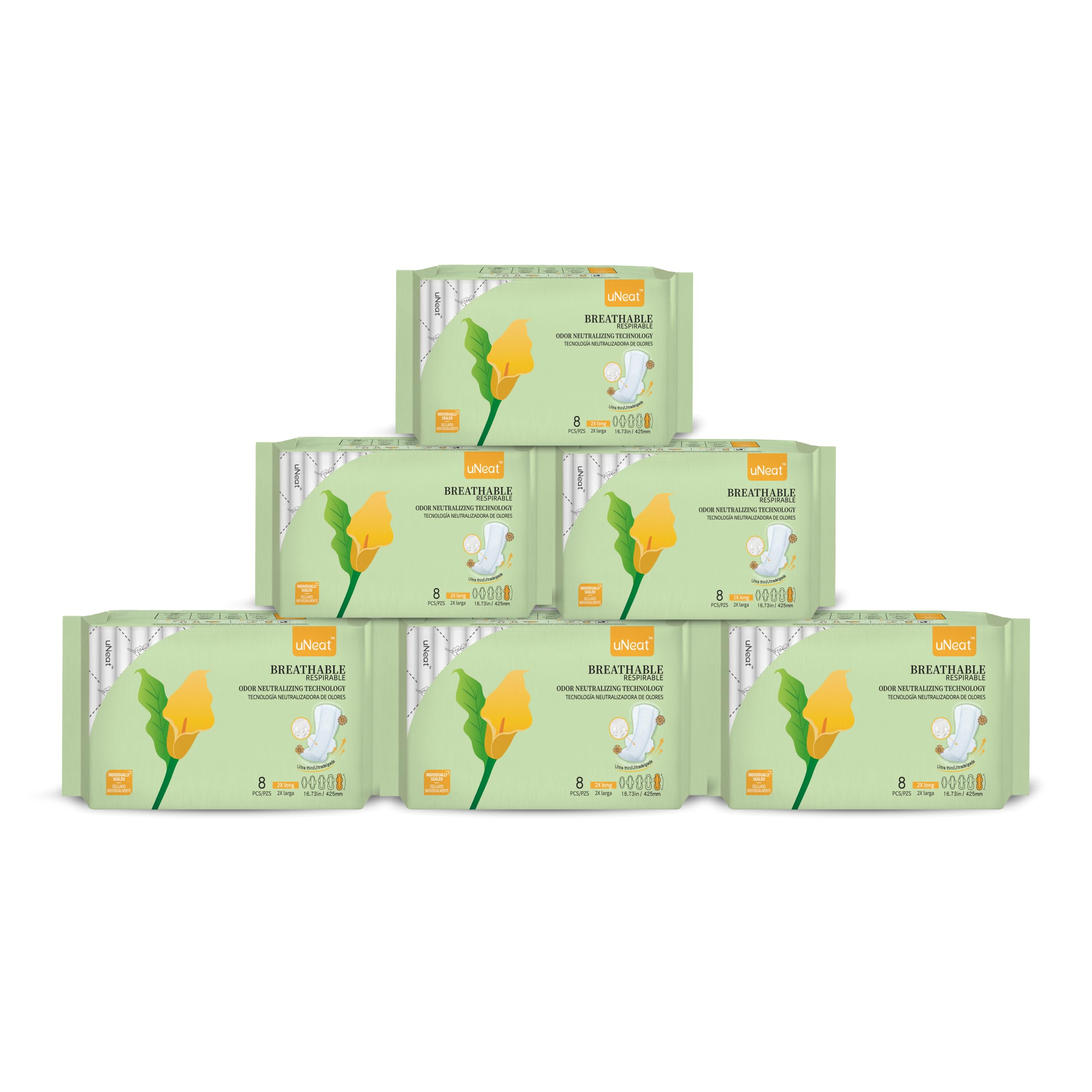 uNeat 2 assorbenti igienici lunghi con ali ultra sottili, inodori, eliminano gli odori, assorbono intensamente, durante la notte (2 x lunghi, 8 pezzi/confezione, confezione da 6)