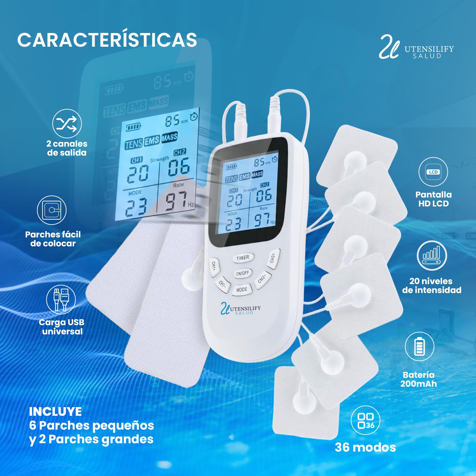 Electroestimulador Muscular UTENSILIFY® 3 en 1 TENS EMS Masaje | 36 Modos 20 Intensidades | 8 Electrodos | Alivio del Dolor y Recuperación | Recargable USB