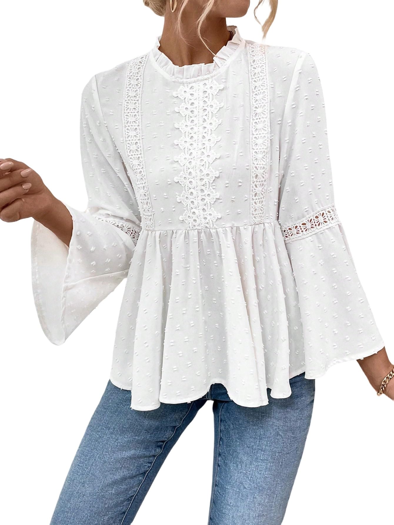GORGLITTER Blusa elegante para mujer, cuello alto, con lunares suizos, manga de volantes, top de ocio, con encaje, bobydoll