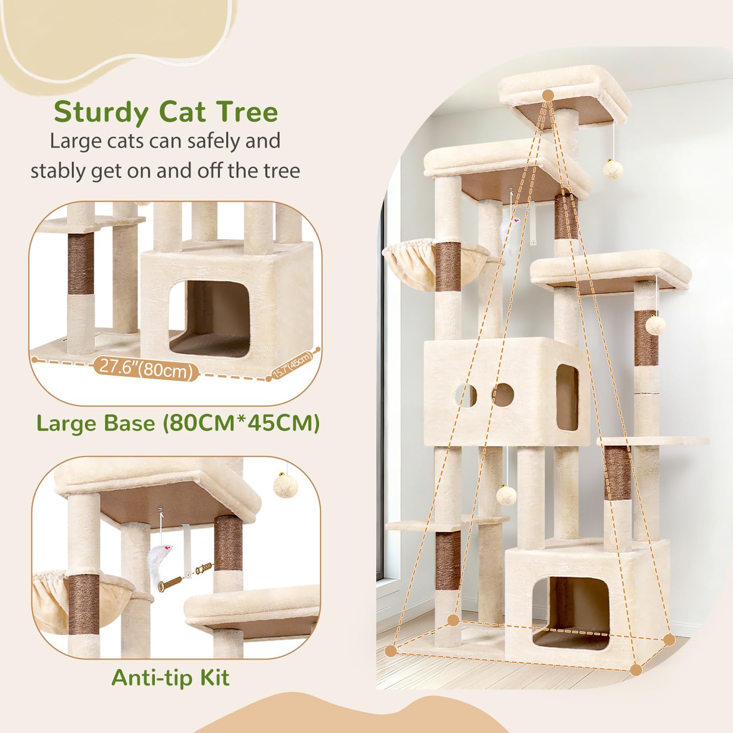 Globlazer Beige Arbre a Chat XXL pour Gros Chats 203 cm avec 2 Grande Niches 45*40*35cm, 2 Vaste Plate-Forme, Perchoir, Griffoir en Sisal, Panier, Arbres à Chat pour Grand Chats Adulte (F80E, Beige)
