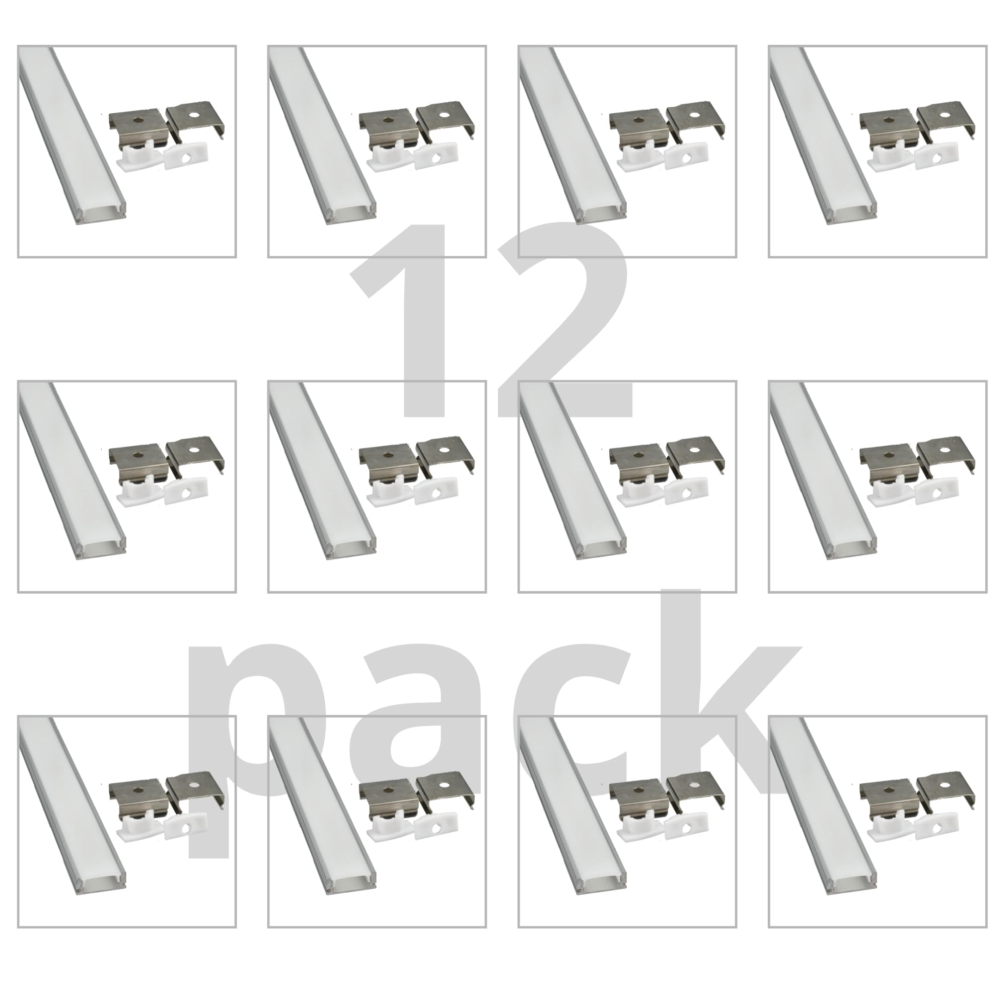 Jandei - Pack 12x Perfiles Aluminio Gris 1 Metro Forma U para Colocación en Superficie de Tiras LED, Difusor Redondeado Semitransparente. Incluye Tapas Finales y Clips Montaje