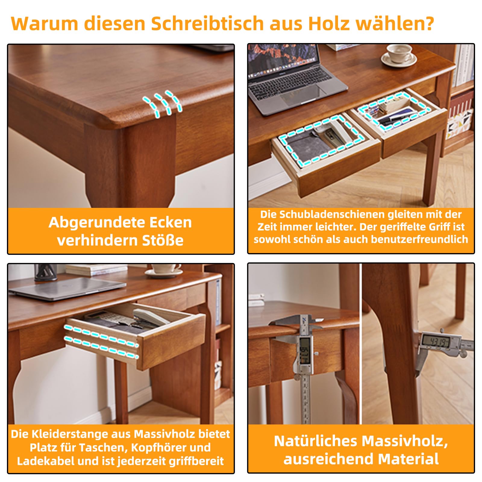 Aibiju Schreibtisch aus Massivholz mit 2 Schubladen, 100 cm Gaming-Schreibtisch fürs Homeoffice, Computertisch fürs Schlafzimmer, Kleiner Esstisch für kleine Räume, Walnuss YD-WD04H