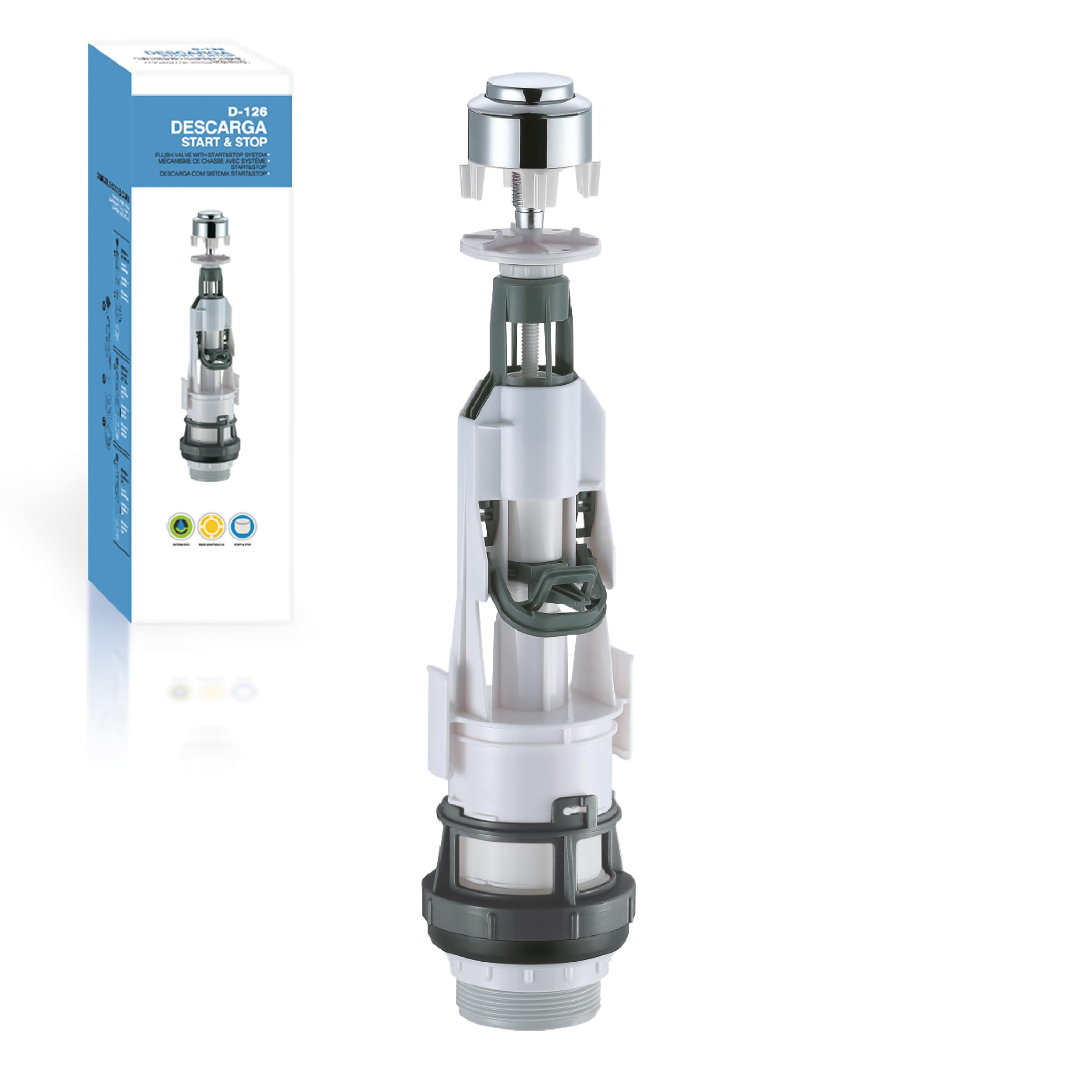 Mecanismo Cisterna WC Start Stop Universal D-126 – Válvula Descarga Interrumpible ECO, Ahorro de Agua, Instalación Fácil, Compatible con Diferentes Bases de Cisterna