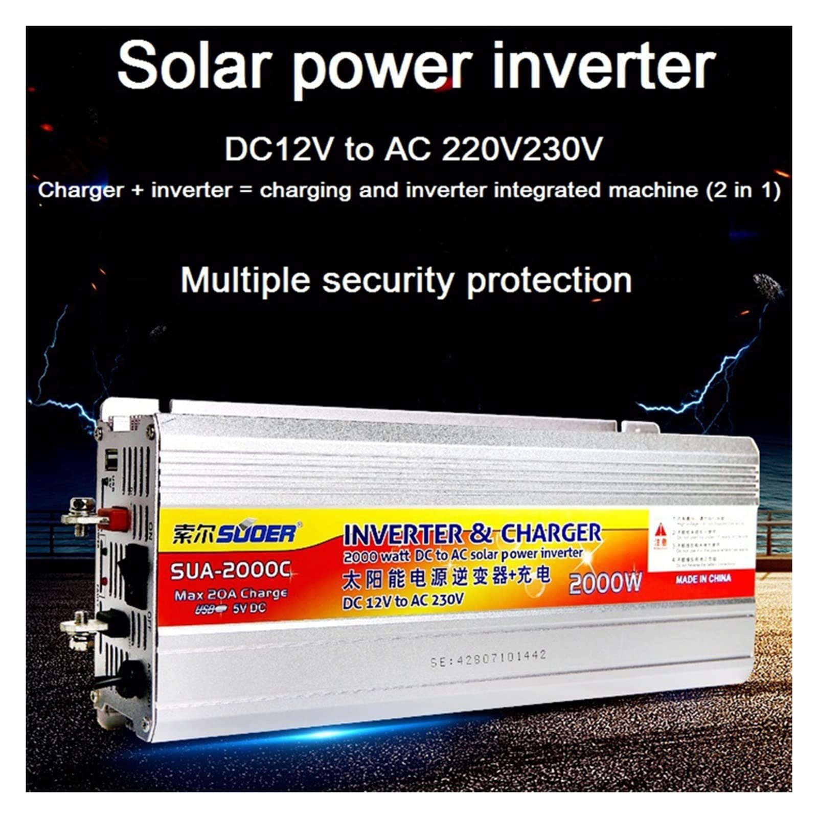 Hybrydowy konwerter napięcia falownika słonecznego 12 V 220 v USB 500 W 2000 W konwerter napięcia ładowarki solarnej konwerter napięcia konwertera samochodowego (2000 W 12 V)