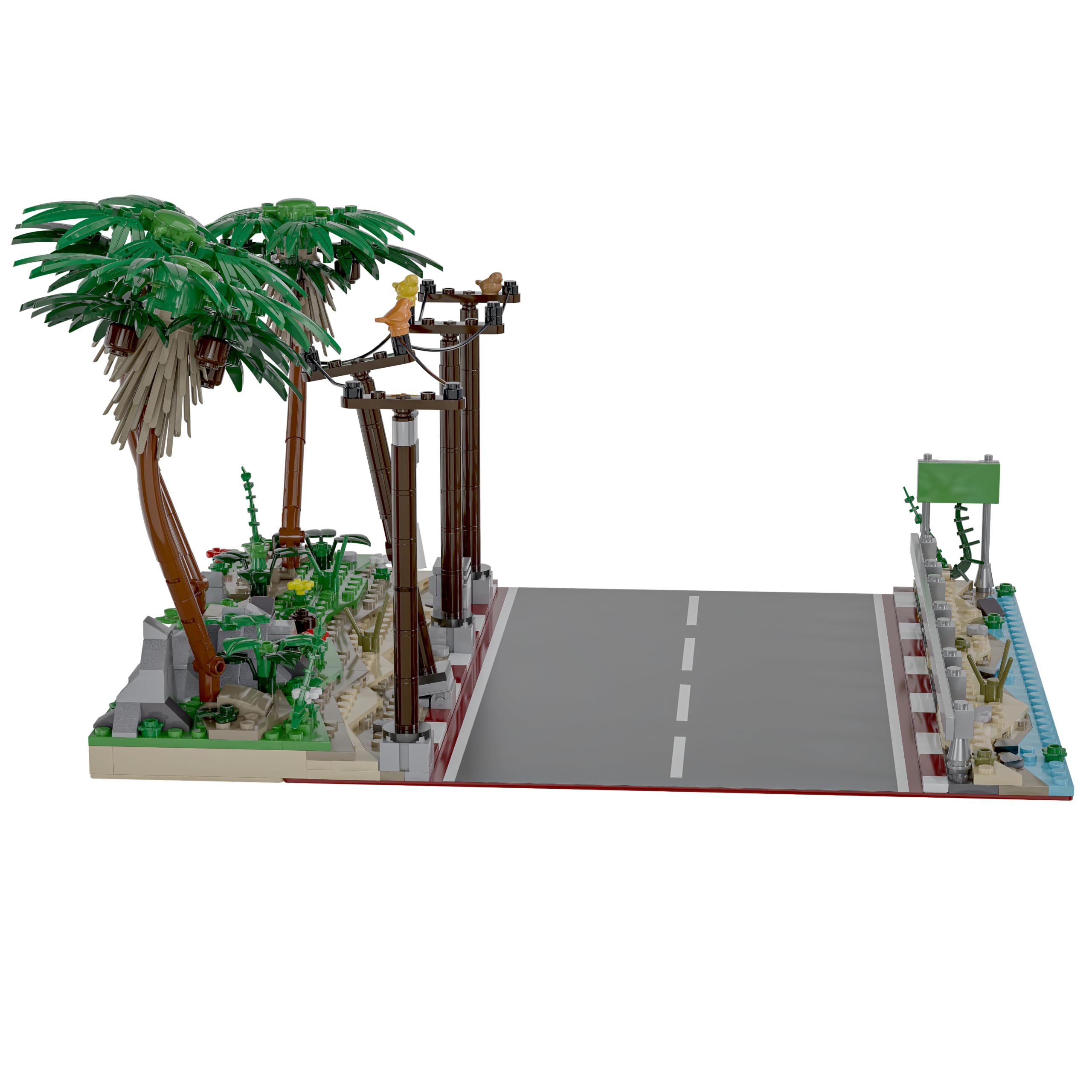 BlueBrixx Die DREI ??? Kids Der Lösung auf der Spur, 572 Klemmbausteine | Drei Minifiguren mit Skateboards, bedruckte Teile, Palmen und Felsen, Mastanlage, 374 x 347 x 174 mm, 108750