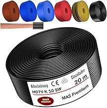 MAS Premium Câble conducteur H07 V-K 10 mm² de 5 à 100 m - Noir, marron, bleu foncé, jaune vert, bleu clair ou rouge - Fil simple flexible (noir, 20 m)