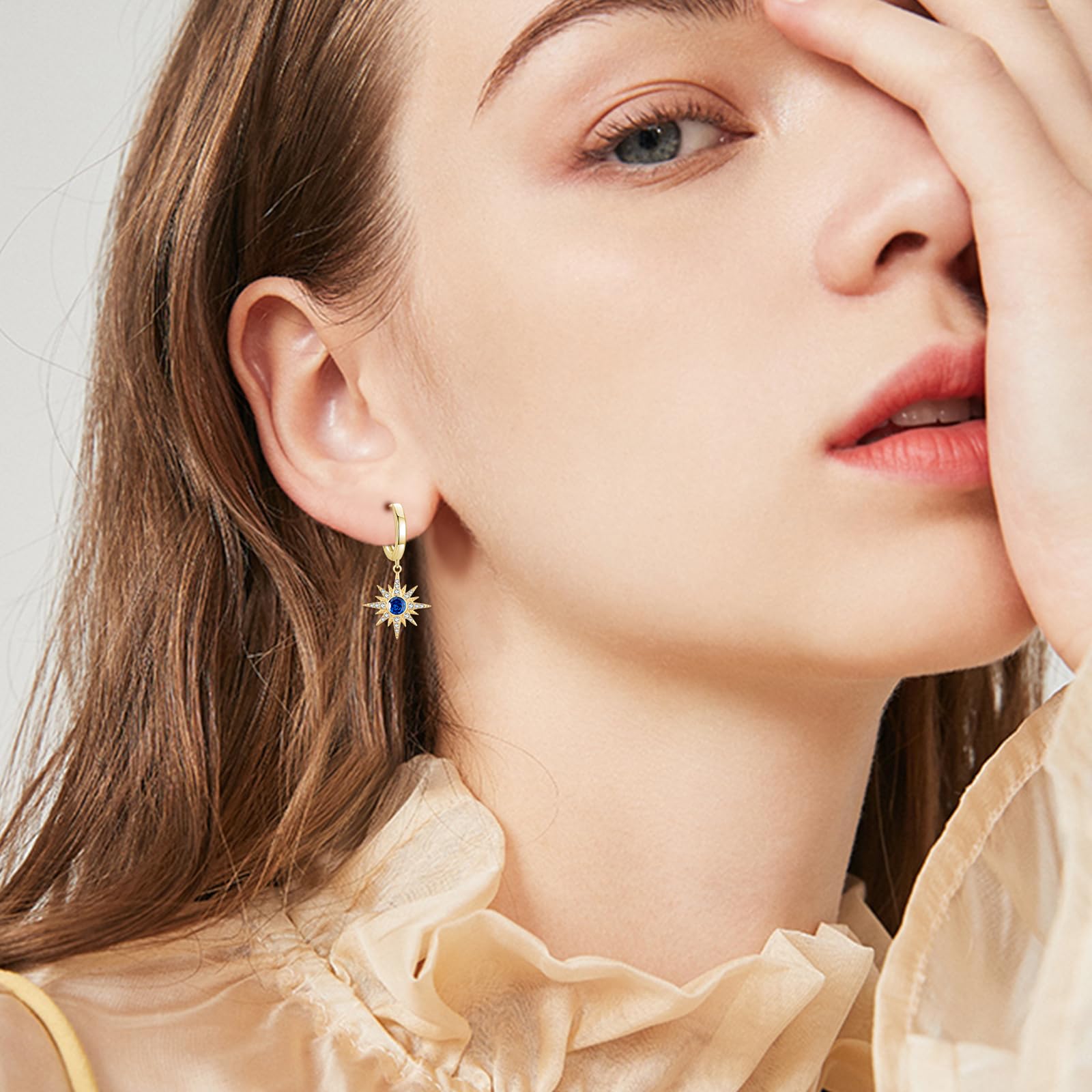 REDSUN Pendientes de estrella para mujer, plata de ley 925, pendientes de aro con circonita azul marino, piedras de nacimiento de septiembre, joyas para hija, mujer, novia