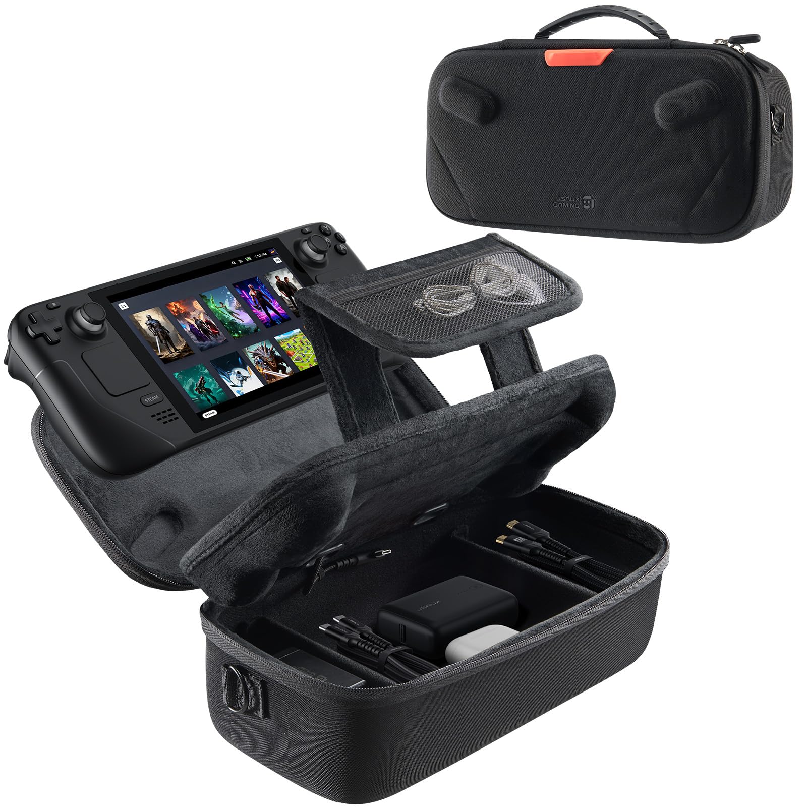 JSAUX Carry Case for Steam Deck and Steam Deck OLED, Dual Layer Travel Case with Built in Cable Port, Right Angle USB C Cable Included, Large Capacity, Fits Charger and Accessories