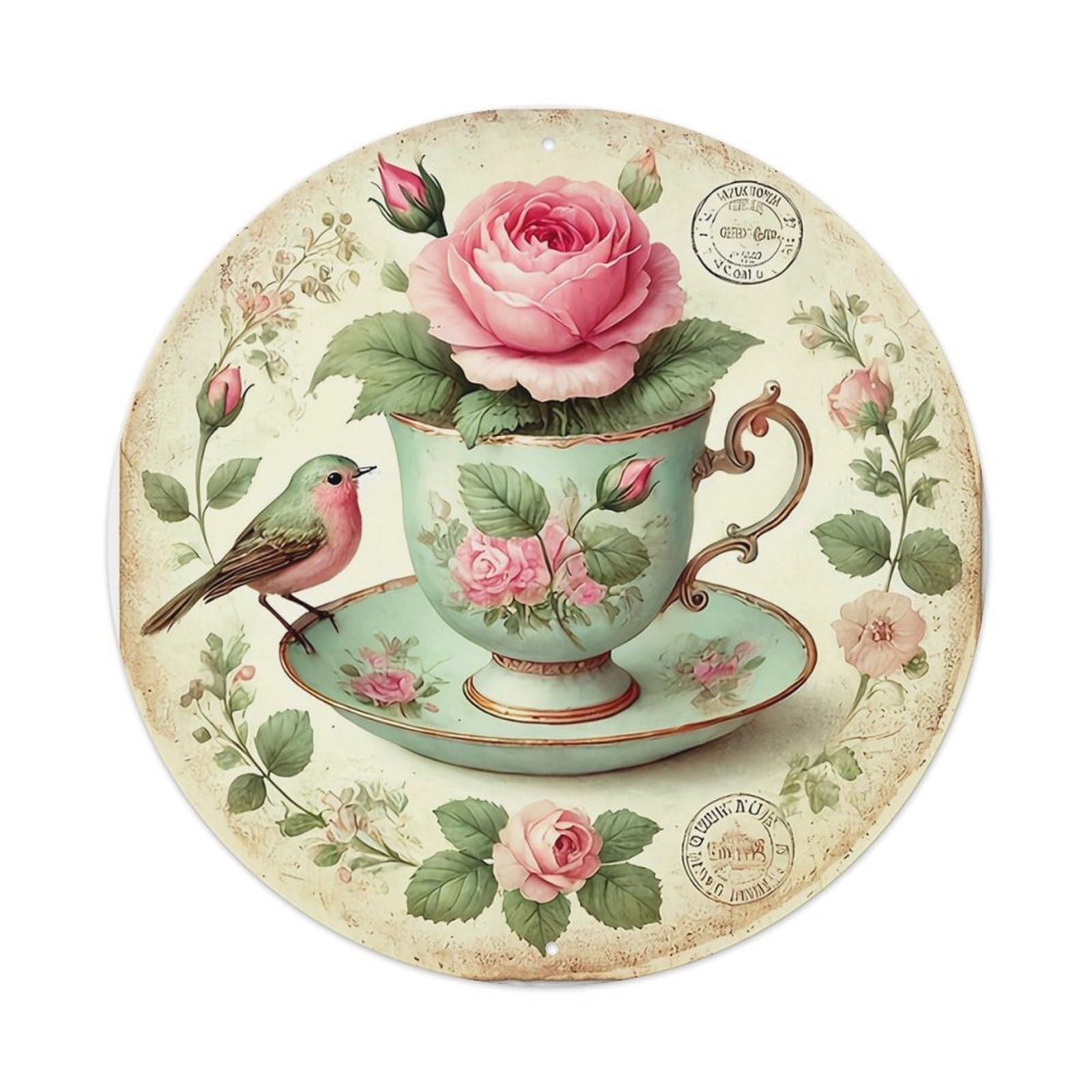 Pink Rose Floral Teacup Design Vintage Metal Tin Sign Retro Wall Decor for Home Bar Garage Cafe, Indoor & Outdoor Decorative，circle Metal Poster, 8x8 Inch