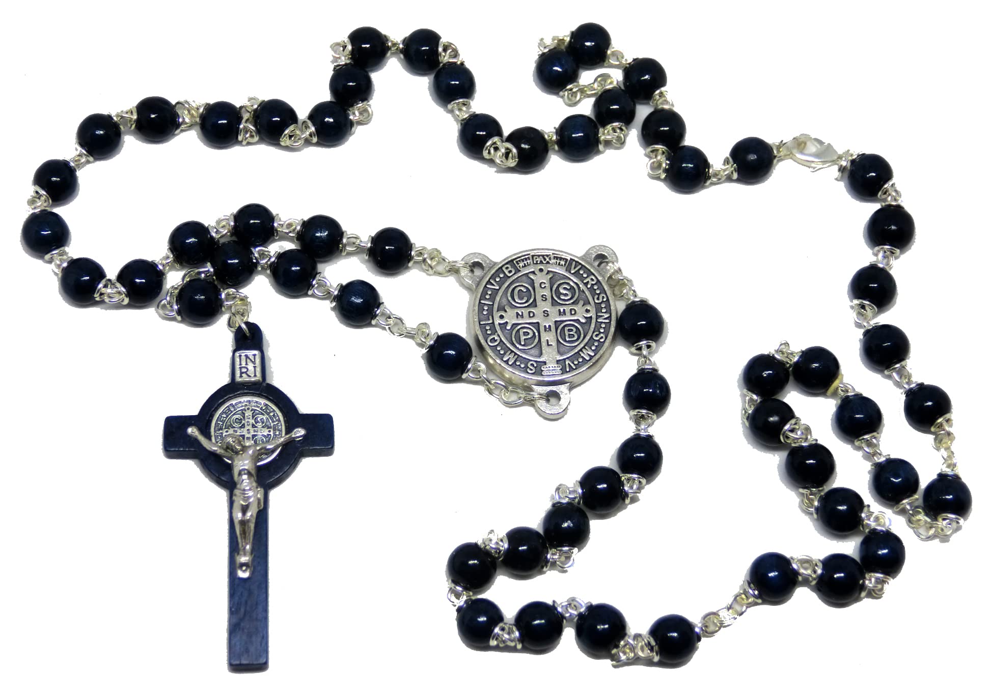 GTBITALY Blu Rosario di san benedetto in Legno 50 GRANI + 9 grani da Collo con medaglia crocera argento esorcista