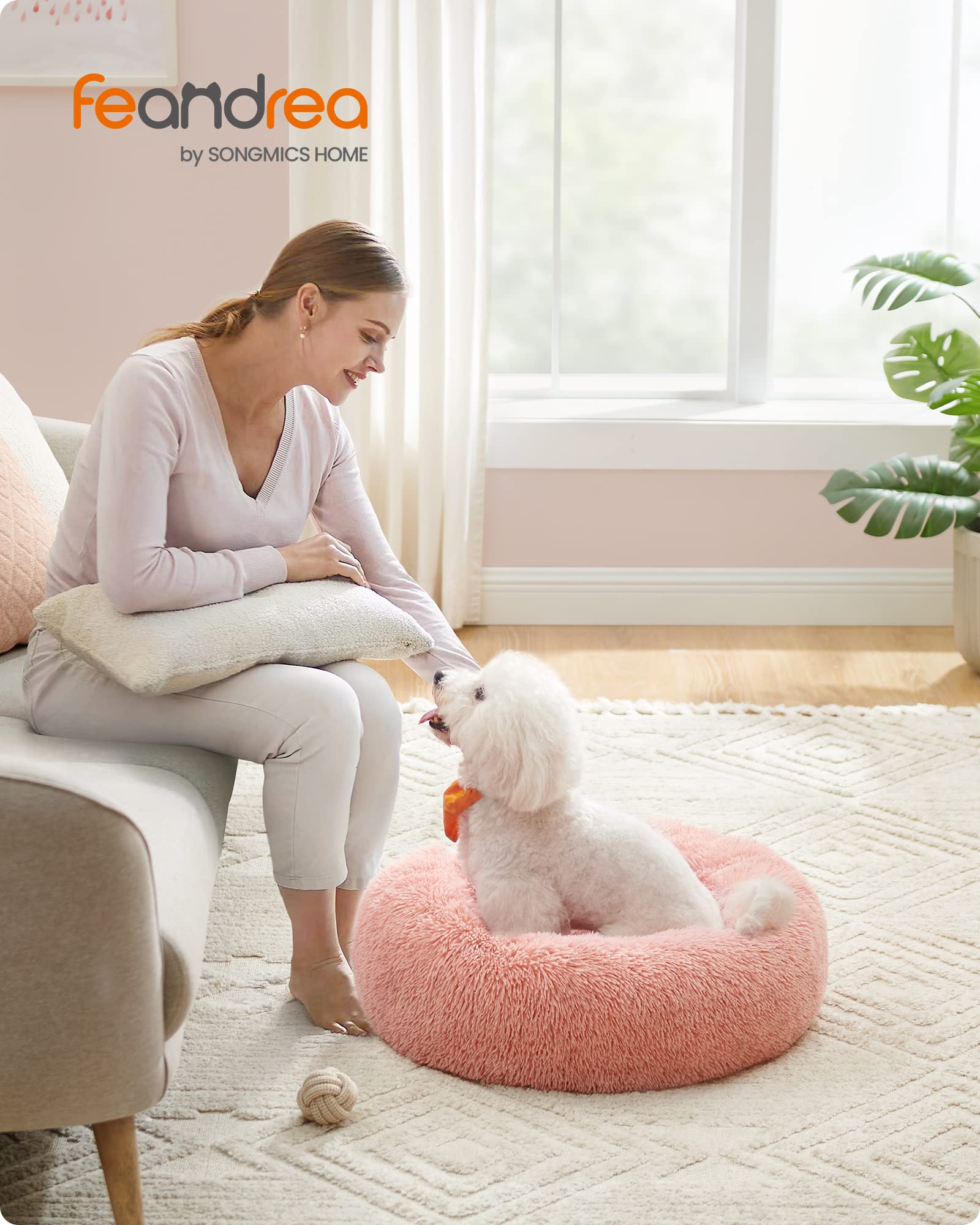 Feandrea Cuccia Cane Interno, Cuccia per Cani, Lettino per Animali Domestici a Ciambella, Cuscino Sfoderabile e Lavabile, Tappeto di Peluche, Diametro 70 cm, Rosa PGW039P01