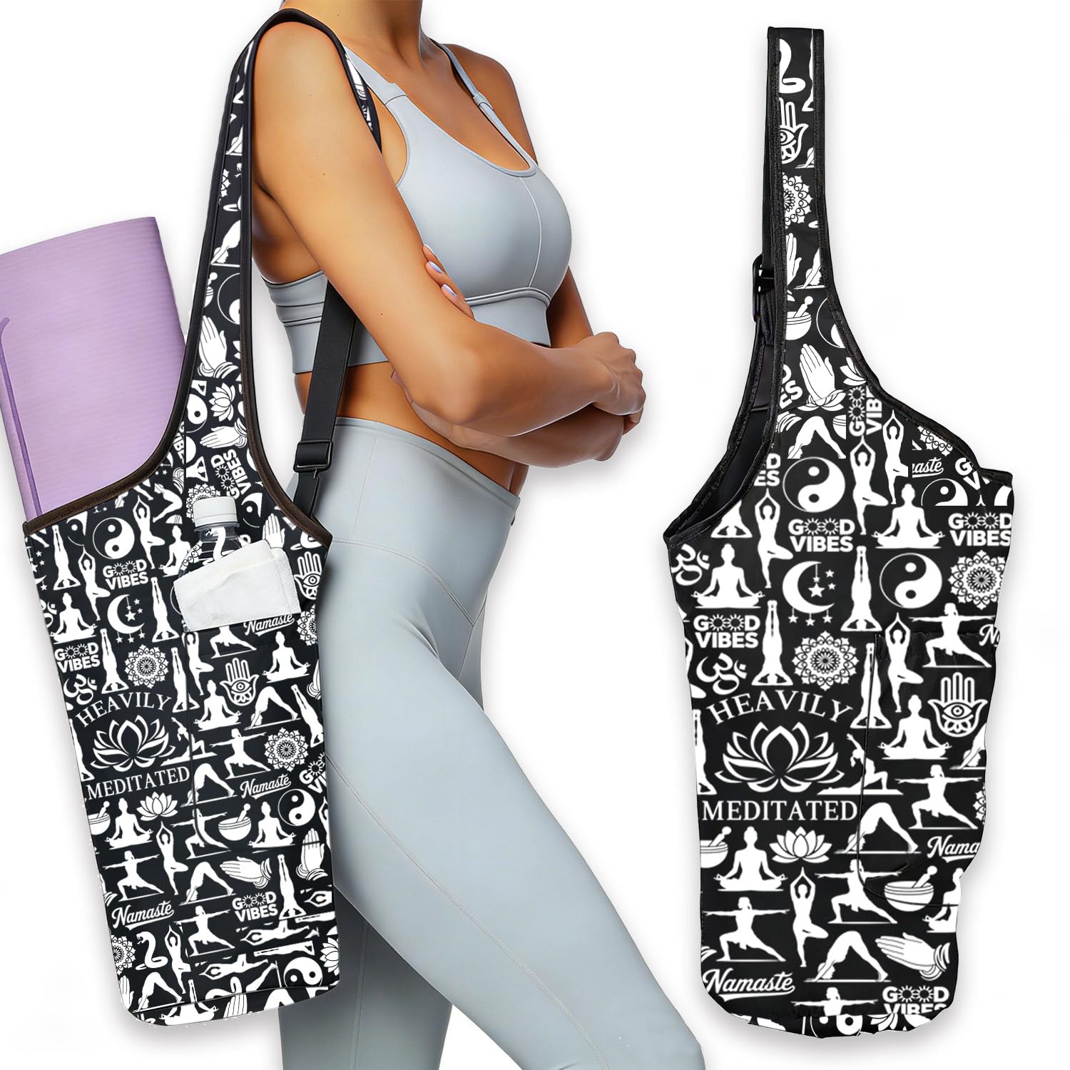 PLITI Yoga Mat Bags with Heavily Meditated Engraving Large Yoga Mat Carrier with Adjustable Strap for Pilates Fitness Gym Bag (Heavily Meditated mat bagsU)