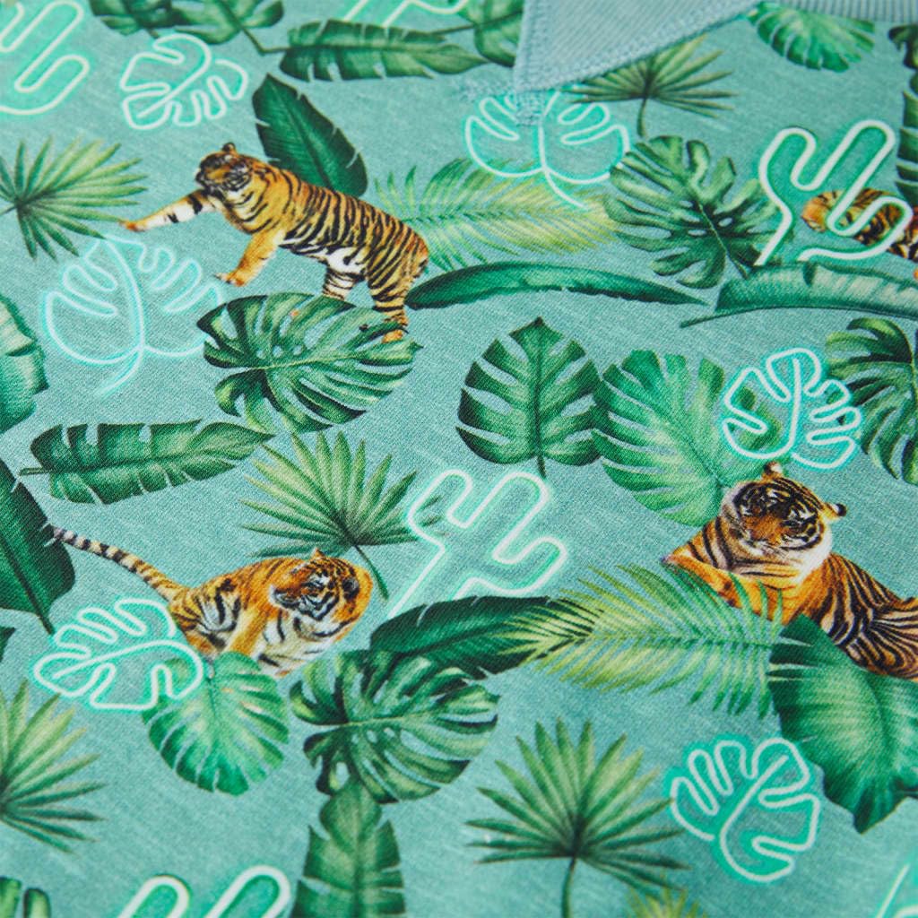 Sudadera infantil verde jaspeada con estampado de flores y tigre, 95% algodón, talla para 1,5-2 años, camiseta de manga larga, suéter cómodo para niños, transpirable y duradero