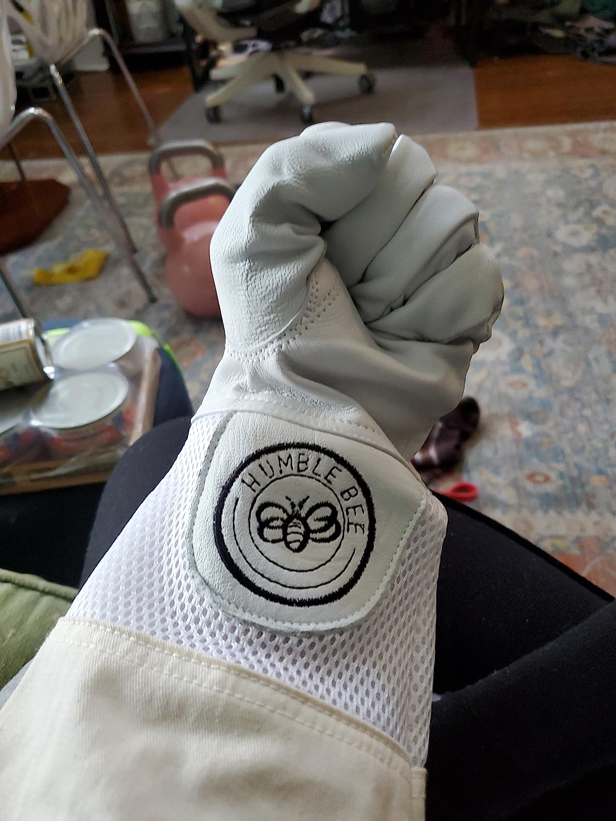 Beekeeping gloves with extended sleeves shown from the side