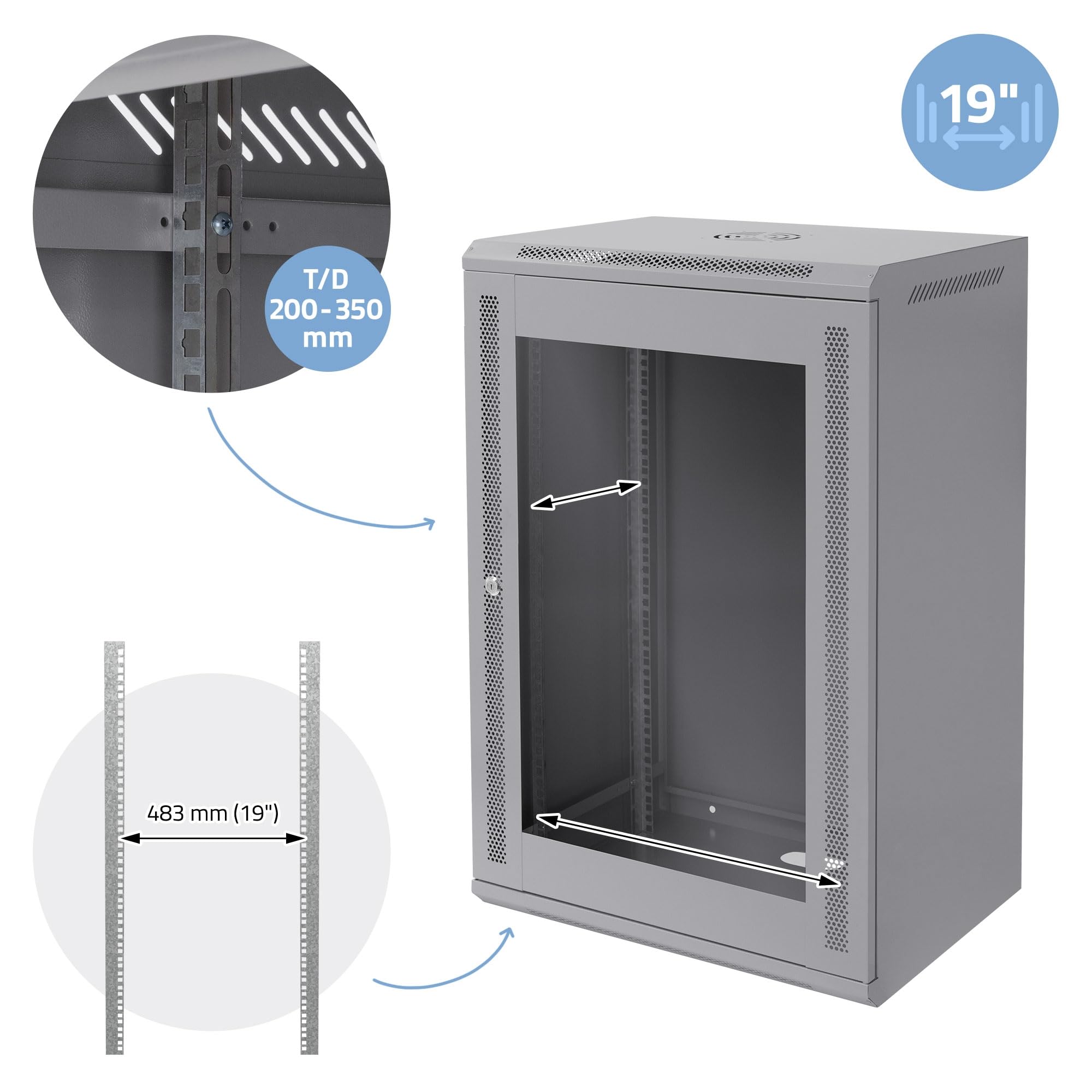 ECD Germany Armadio Rete 18U Armadio per Server 19 Pollici Grigio 450mm Profondità Montaggio a Parete Porta Vetro Sicura Fino a 60 kg Ripiano Incluso Grado di Protezione IP20 Rack 600 x 900 x 450 mm