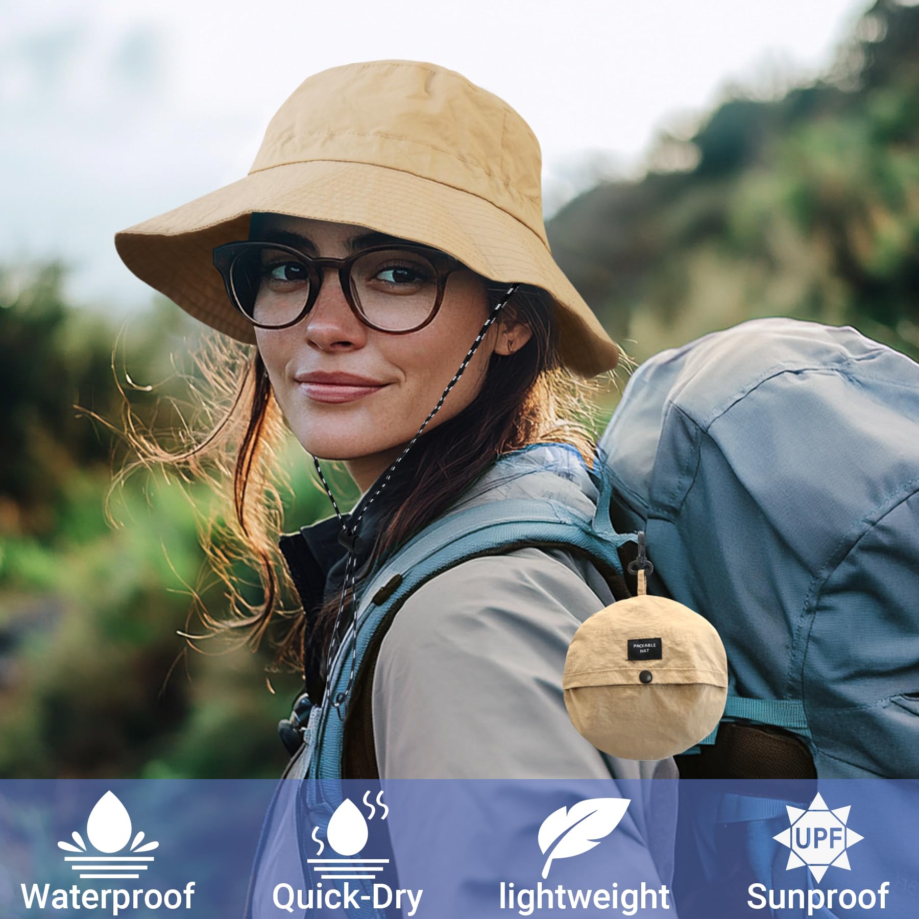 NPQQUAN Waterproof Quick Dry Bucket Hats for Woman Men Packable Foldable Rain Sun Hat Lightweight Hiking Hat Black