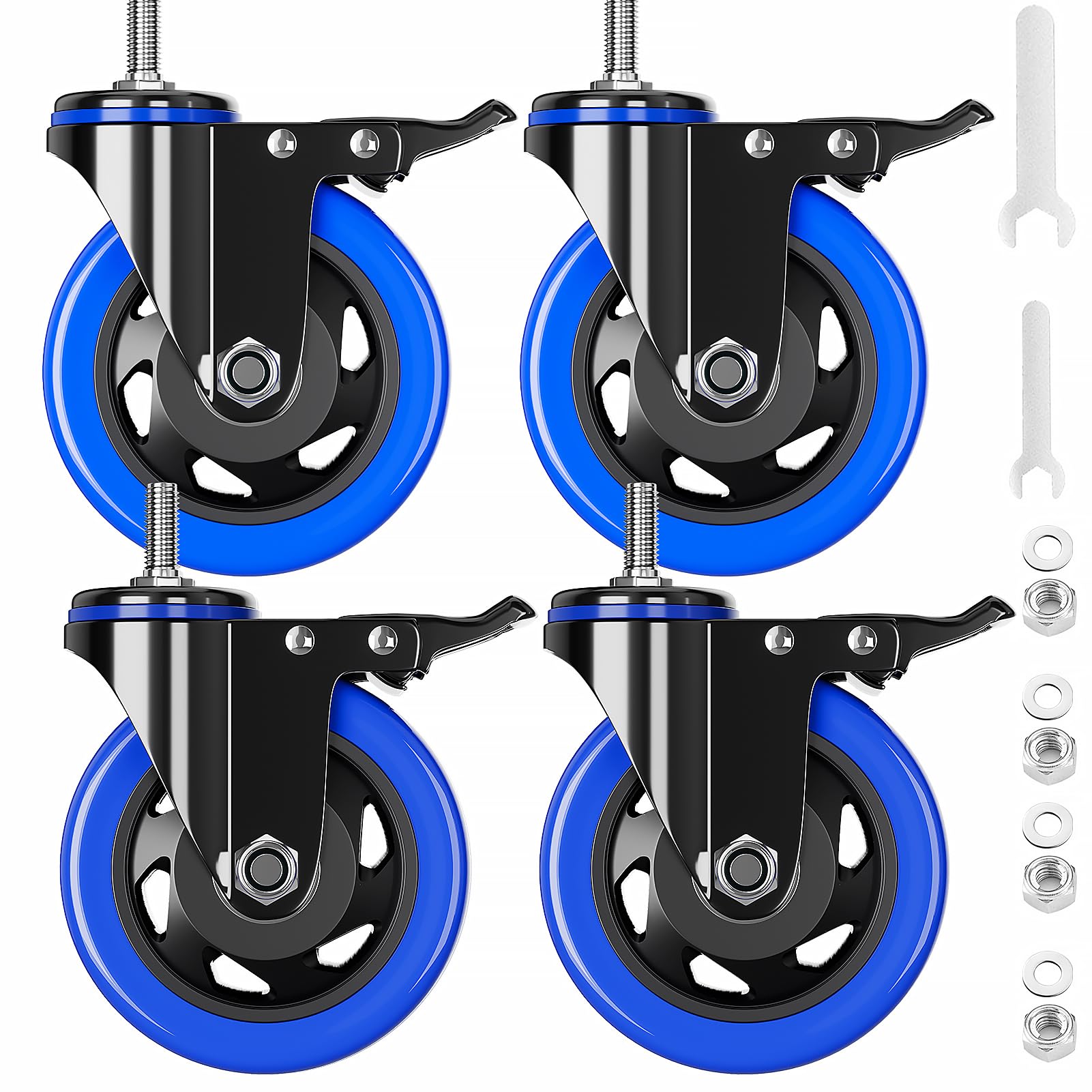 Stem Caster Wheels 4 inch Heavy Duty Threaded Stem Mount Casters Set of 4 with American Size UNC 1/2"-13 x 1" Swivel Industrial Castors with Safety Dual Locking Wheel for Furniture and Cart